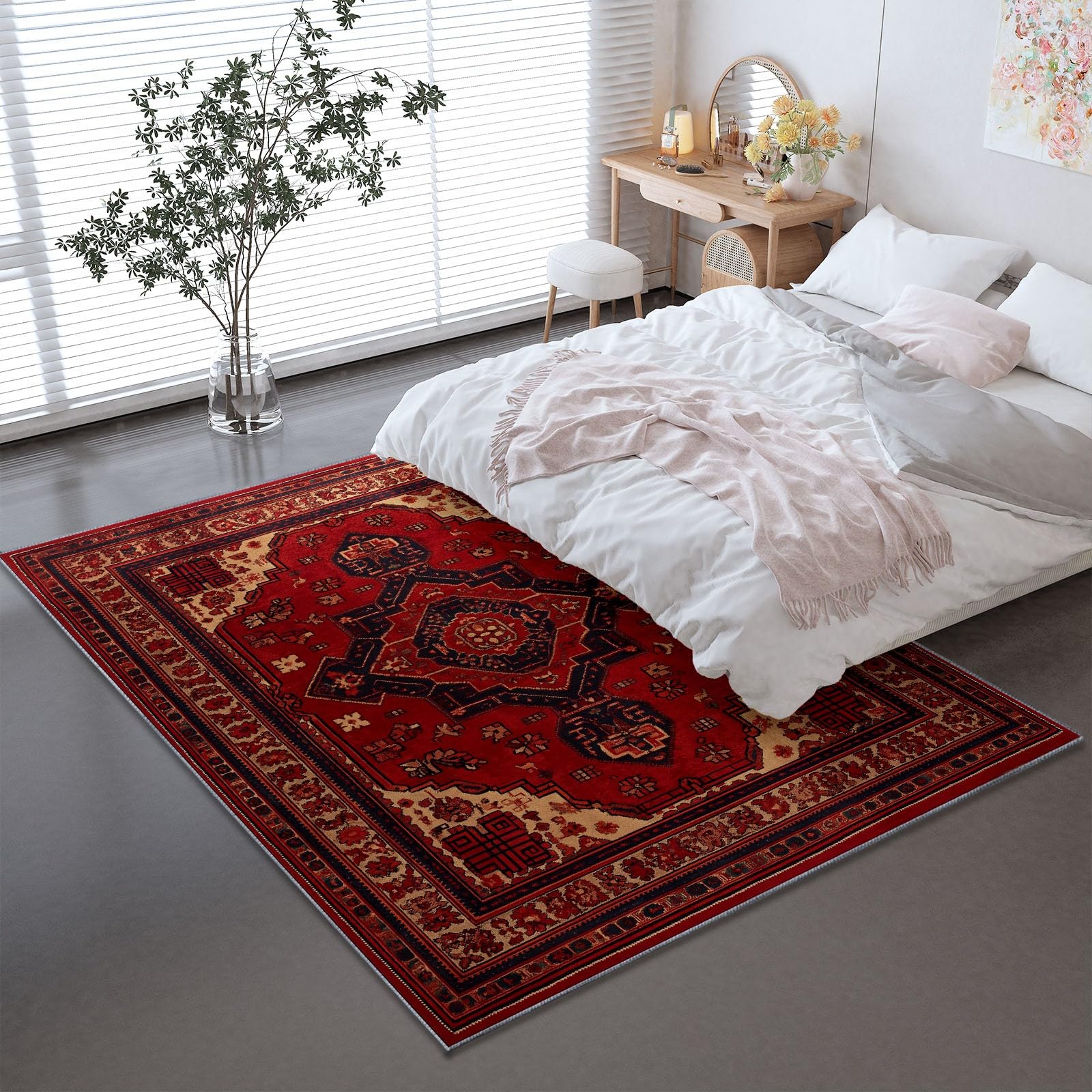 Niedriger Stapel Teppich Antirutschunterlage 120 x 180 cm, Traditionell Persischer Stil Geometrisch Floral Teppich Wohnzimmer, Rot Teppiche Waschbar für Küche, Flur, Schlafzimmer, Spielzimmer