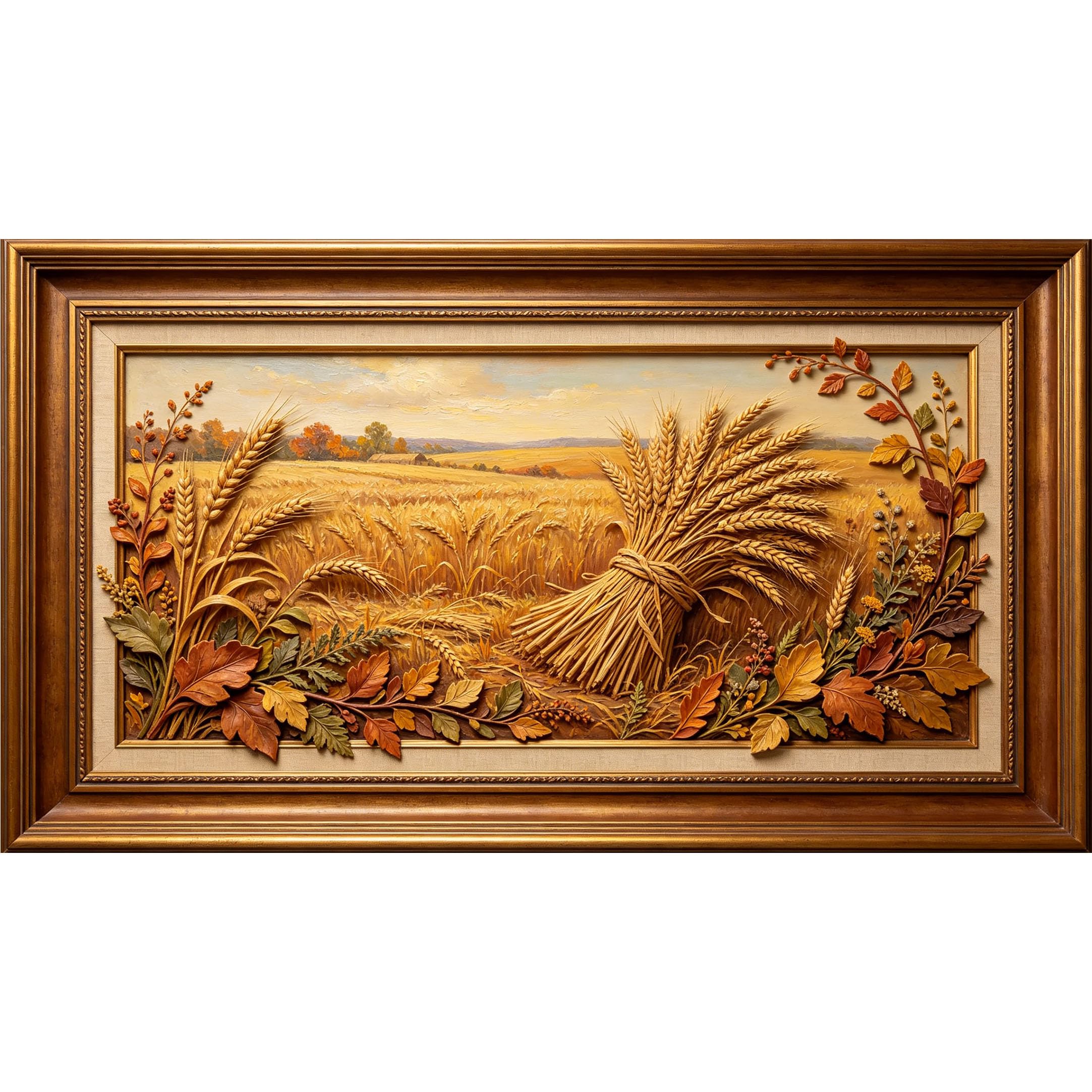 QZLITHOTIC 50×100cm 3D Framed Wall Art， Autumn Wheat Field Landscape SelfAdhesive Mural， WaterActivated Peel & Stick Fabric Decor Wall Decal for Bedroom Living Room