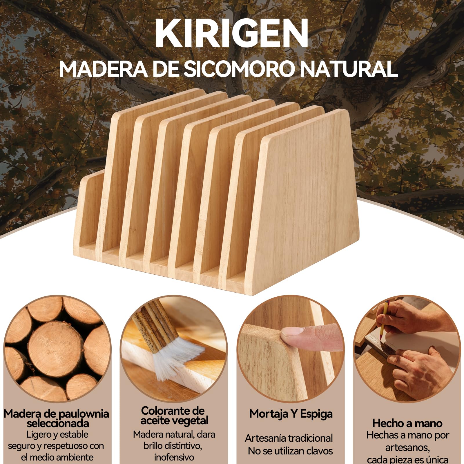 KIRIGEN Archivador Madera, Organizador Escritorio, 7 Ranuras, Natural | Madera maciza de paulownia, 26,3 x 25,2 x 18 cm; artesanal, acabado con aceite vegetal, montado y con bases antideslizantes