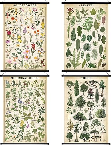 Lewtemi Póster vintage de 4 piezas de arte de pared botánico de la naturaleza, flores silvestres, hojas, hierbas medicinales, árboles, póster para