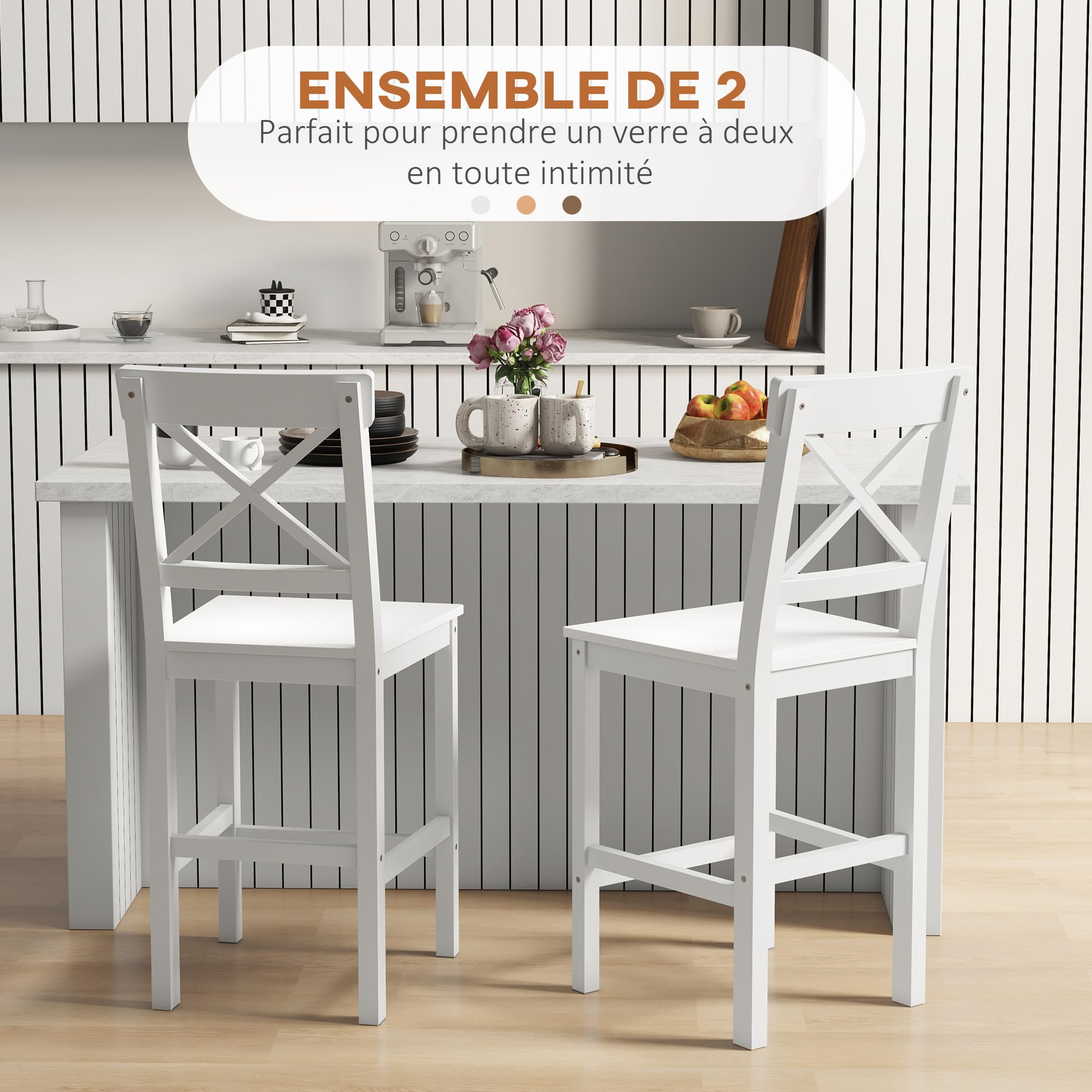 HOMCOM Lot de 2 Tabourets de Bar Assise 60,2H cm Dossier Haut Croisé Blanc