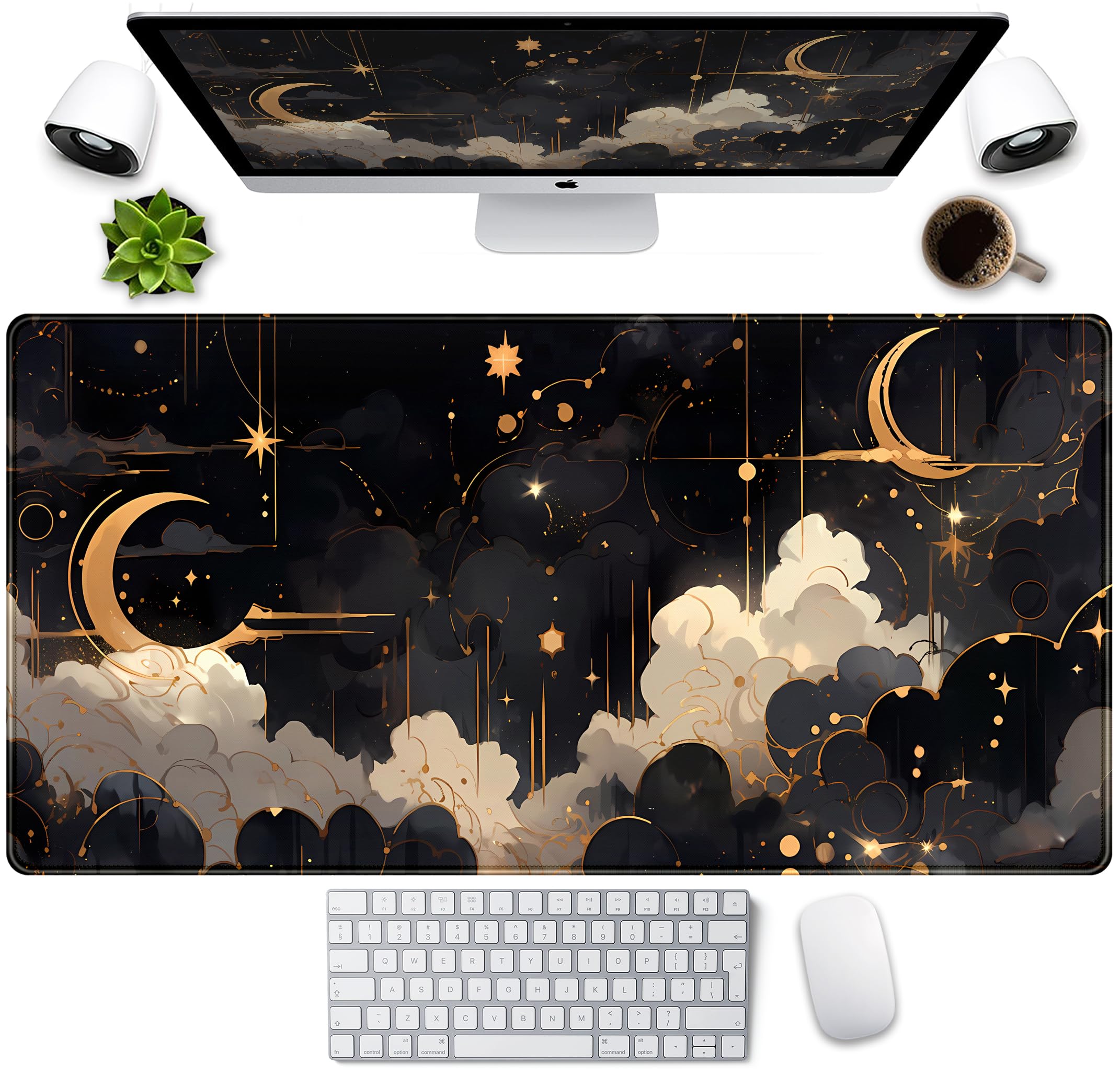 Black and Gold Celestial Desk Mat XXL Extended Gaming Mouse Pad Large Mousepad with Stitched Edges, Laptop Computer Keyboard Mouse Mat Desk Pad for Work Game Office Home Desk Decor 31.5x15.75 in