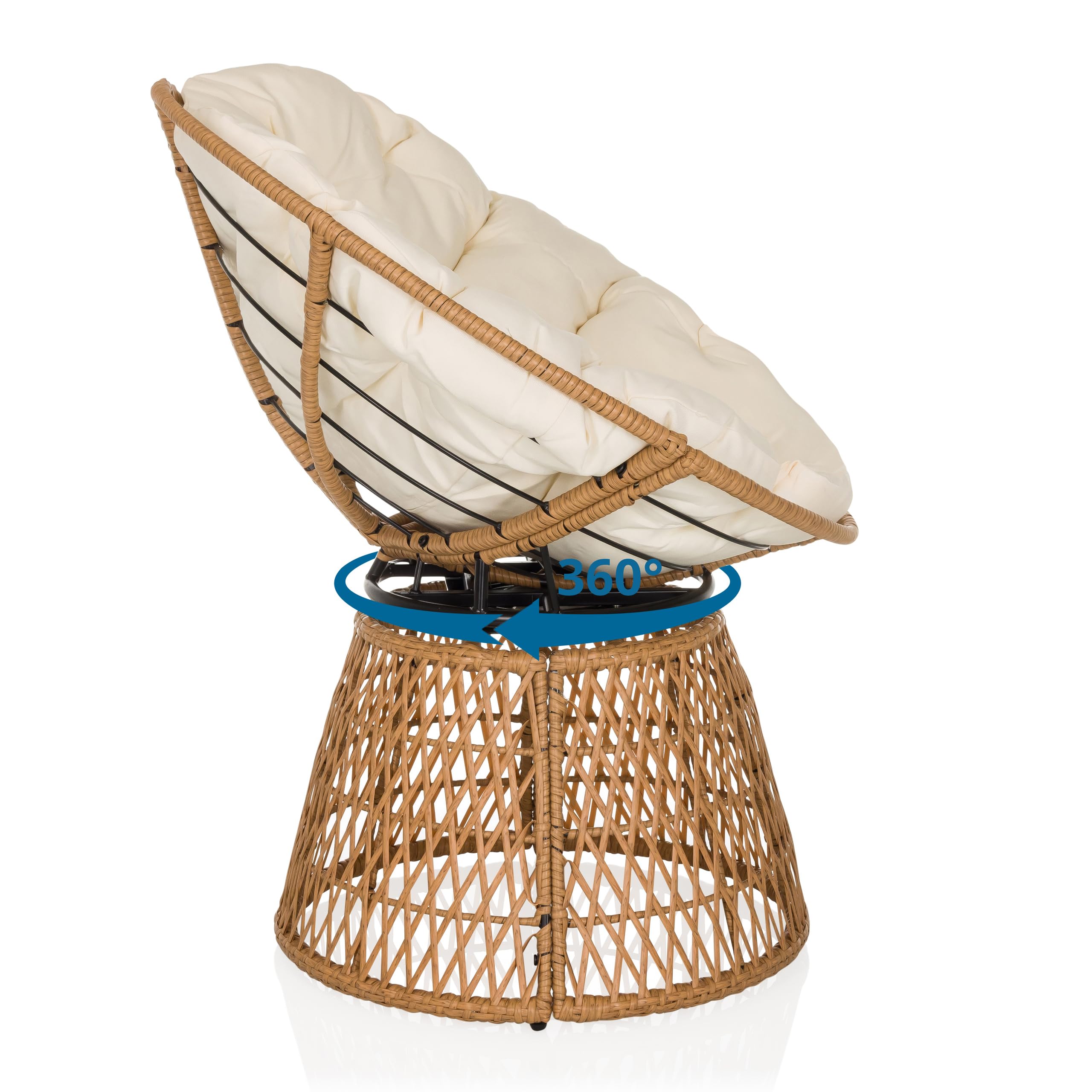 Sillón Papasan con cojín, sillón Giratorio de Exterior WEAVORA sillón de ratán Giratorio 360° para jardín balcón salón, Beige