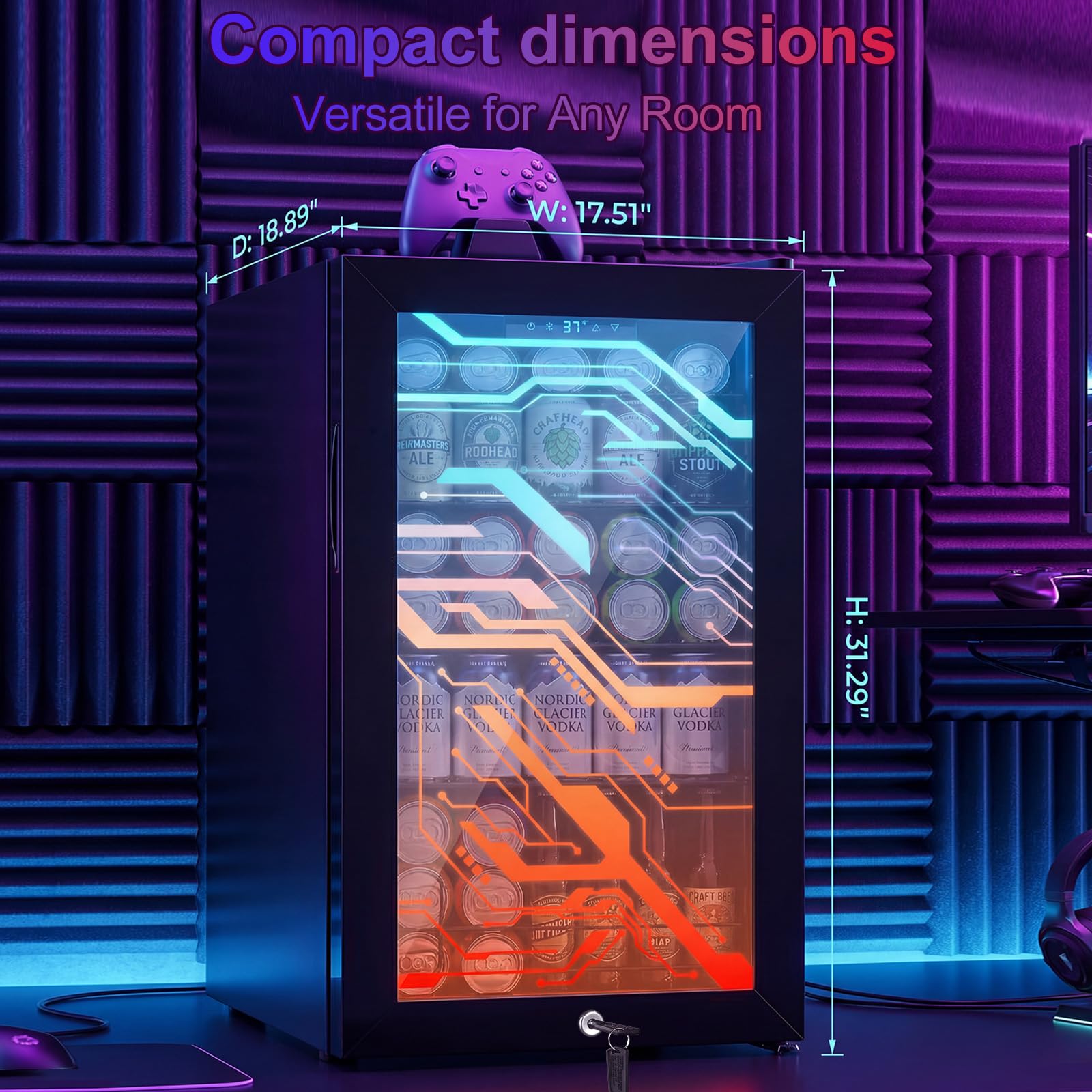 Velieta Beverage Refrigerator With LED Light Up Door – 128 Can Freestanding Drink Fridge, Small Beer Cooler With 4 Removable Shelves, Child Safety Lockfor Gaming Room Home Bar Party,Cyberpunk on Fridge.com - View 4