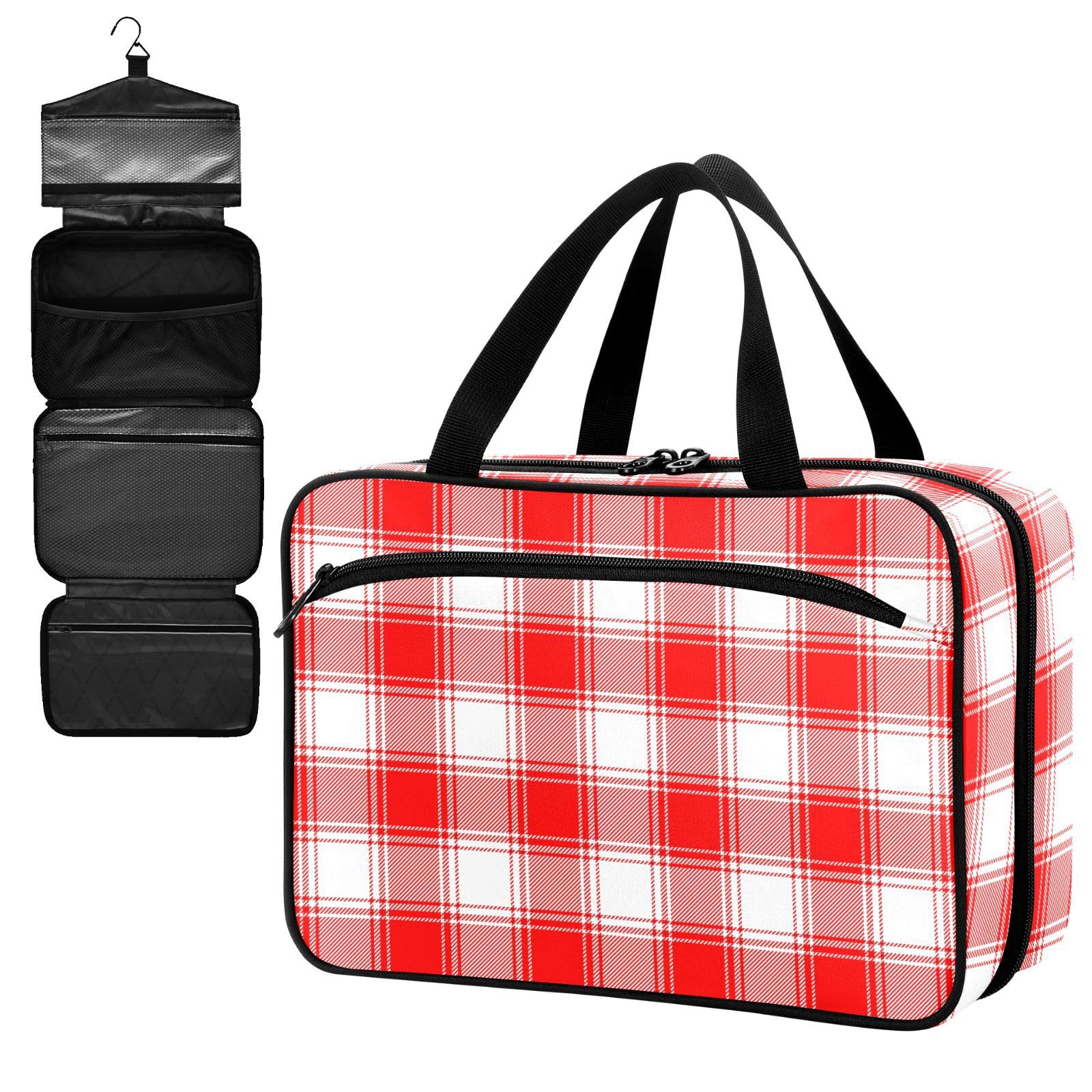 Fustylead Red and White Plaid Large Medical Storage Bag with Zipper Empty First Aid Bag Trauma Kit for Traveling Hiking Camping Backpacking