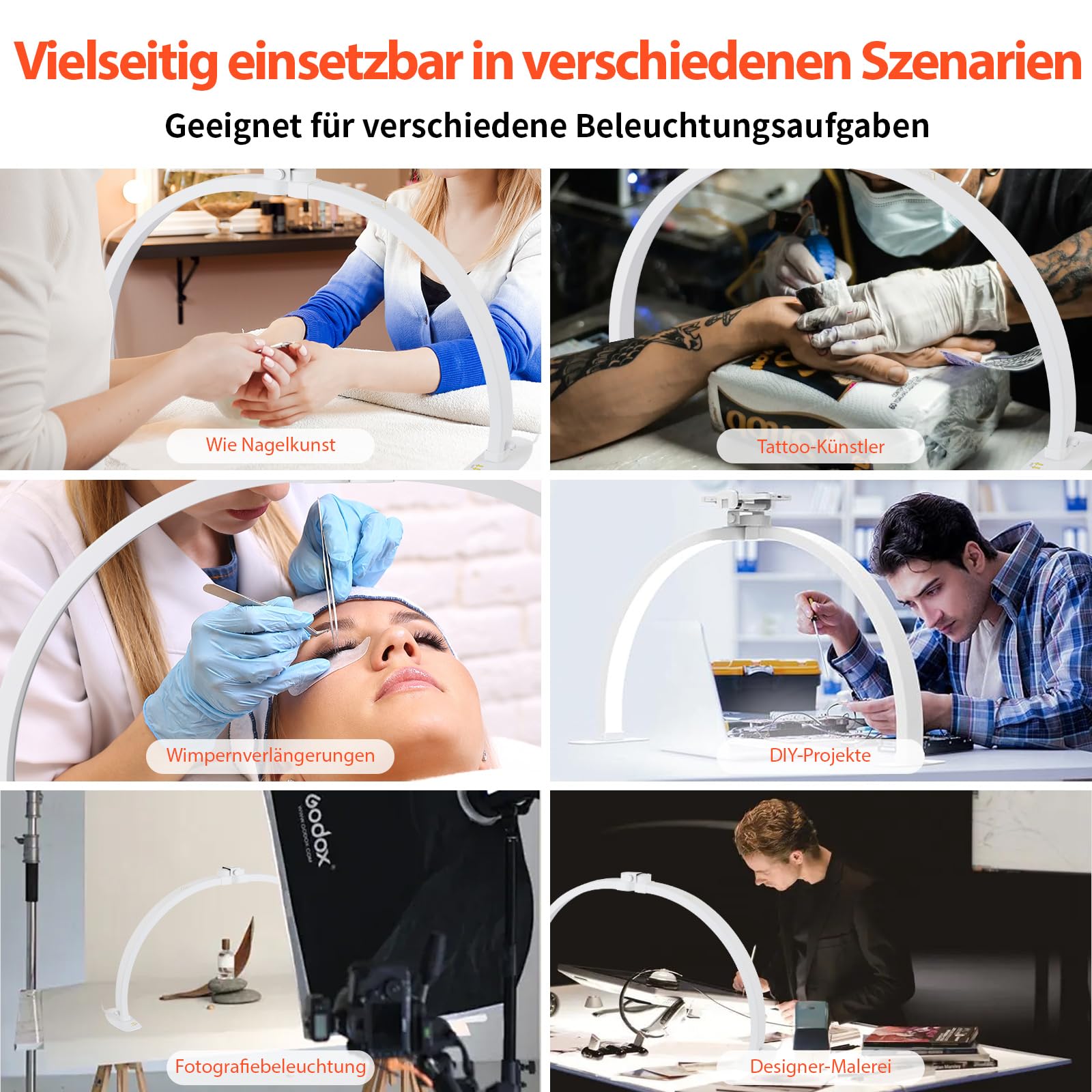 Halbmond Lampe für Nagel Schreibtisch,Faltbare LED Nageltischlampe für Nail Tech mit Telefonhalter,Nageltisch lampe mit 3 Farbmodi 10 Helligkeiten für Schönheit/Wimpern [E](Halbmond -Weiß)