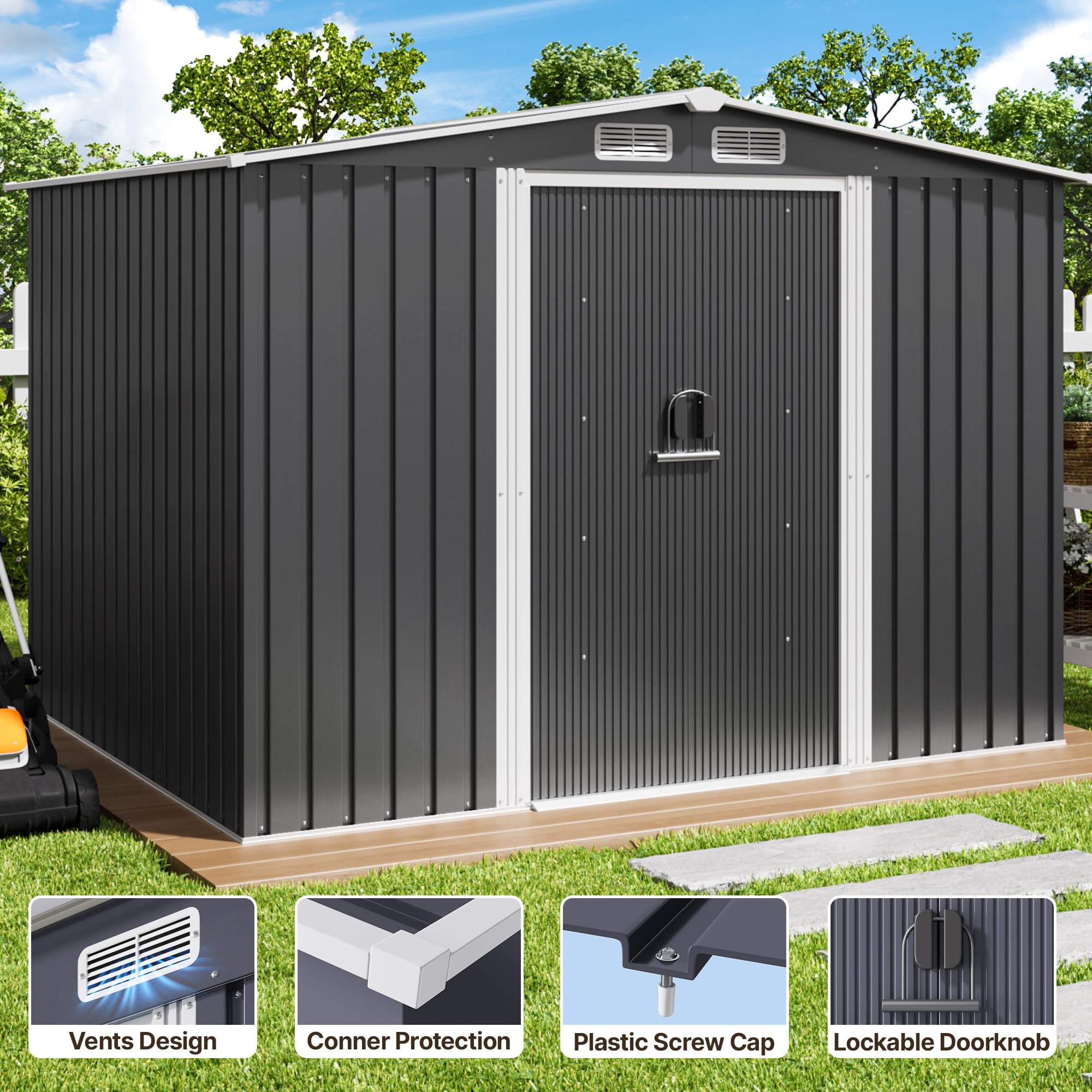 Xbro Abri à outils en métal 5 m², abri de jardin d'extérieur avec toit incliné et porte coulissante, abri à outils avec serrure et gants, 247 x 193 x 179 cm