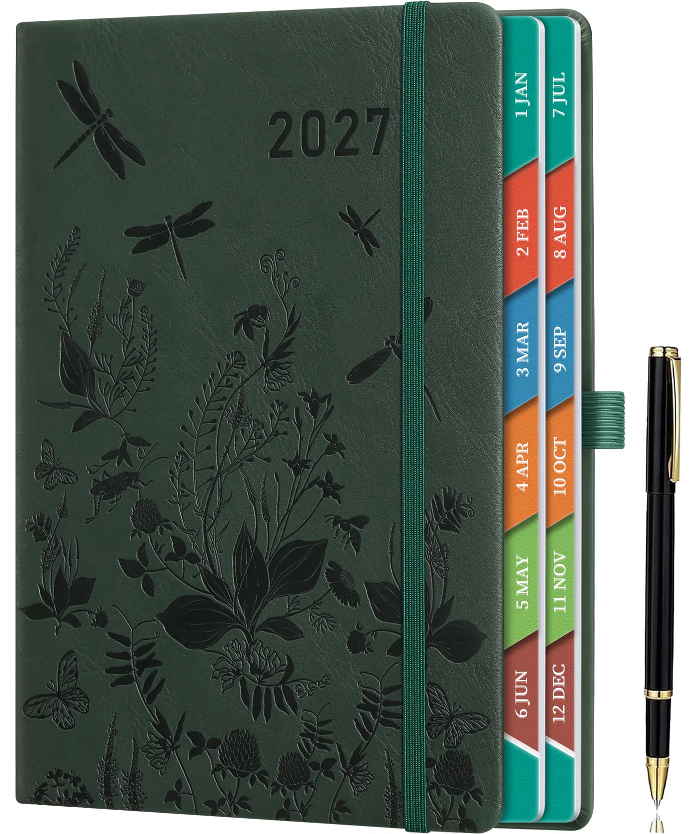 ZXHQ 2027 Diary A5 Page a Day, Jan–Dec 2027 Daily Planner with 400 Pages, Embossed PU Leather Cover, UK Holidays, Colourful Tabs, Pen Loop & Inner Pocket - Dark Green