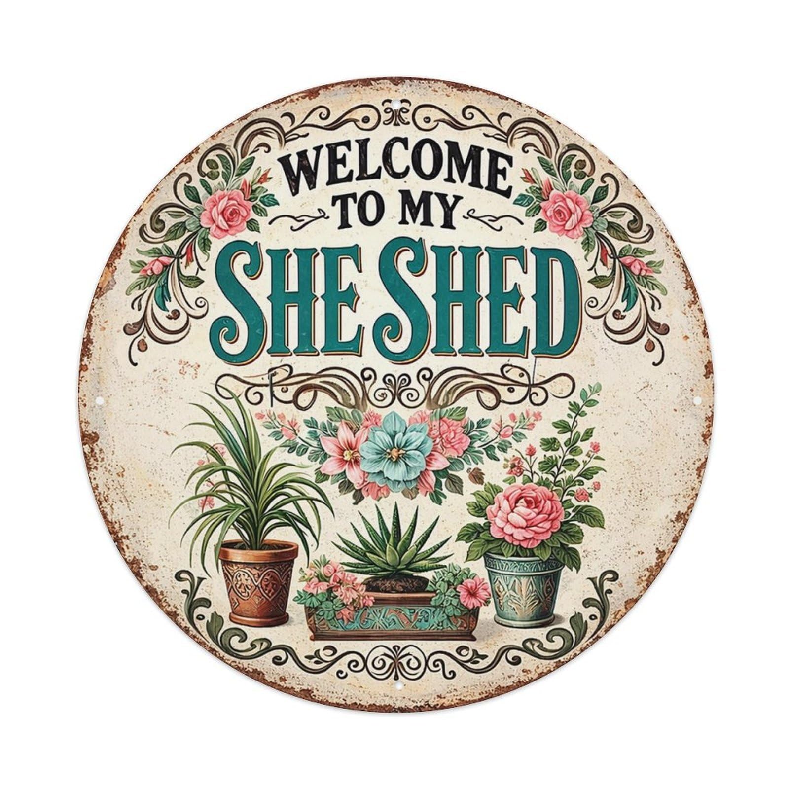 Jdyansheng Vintage Welcome To My She Shed Floral Sign Tin Sign Metal Poster Metal Signs For Home Man Cave Bar Cafe Kitchen Laundry Room Wall Decorations 8X8 Inches