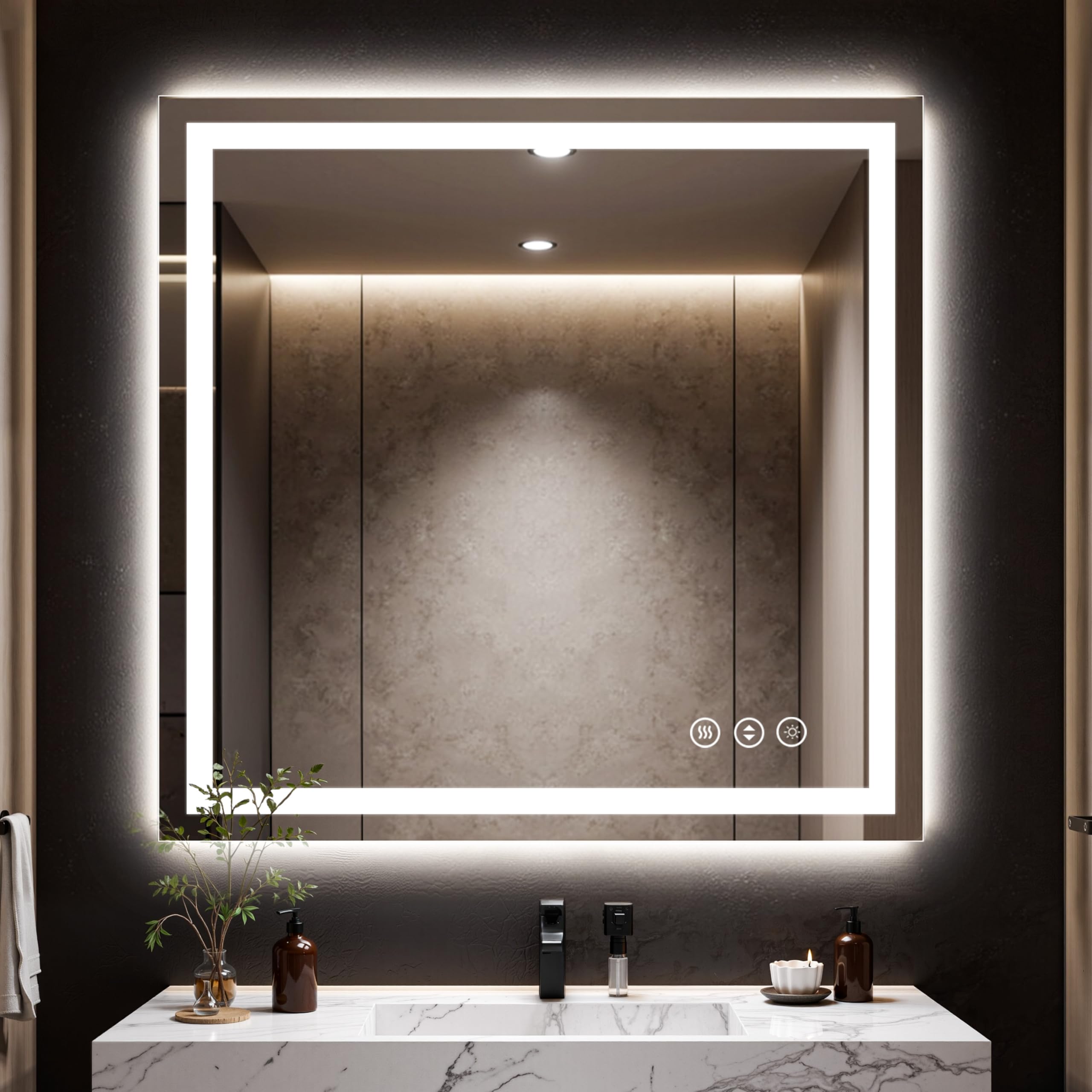 Photo 1 of 48"x48" LED Bathroom Mirror with Anti-Fog, Backlit & Front Lights, Memory
