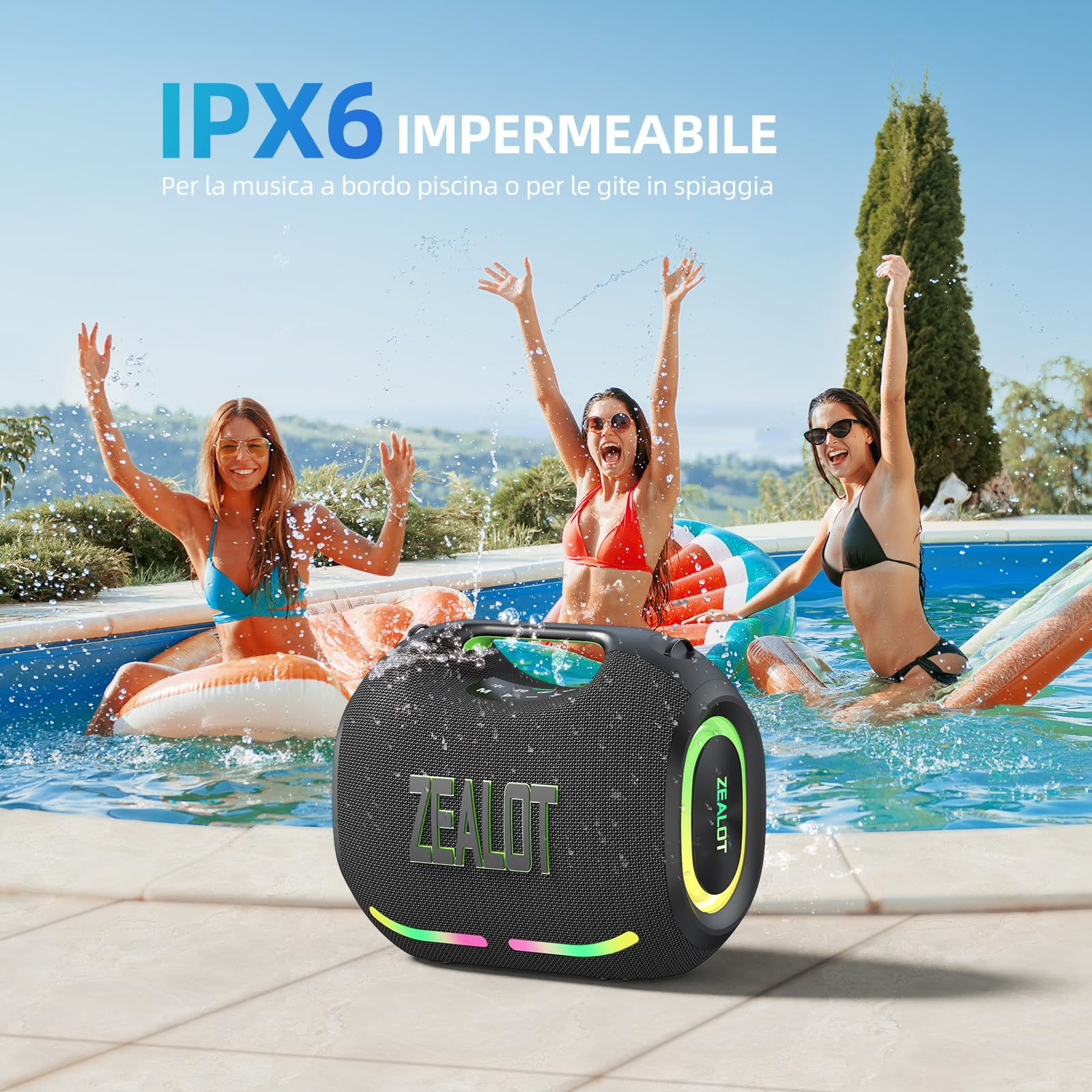 ZEALOT Cassa Bluetooth 150W Peak(120W RMS) con Luce LED,Bluetooth 5.3,Impermeabile IPX6,Suono Stereo,USB/AUX/TF ingresso,USB-C,per Campeggio,Spiaggia,Feste