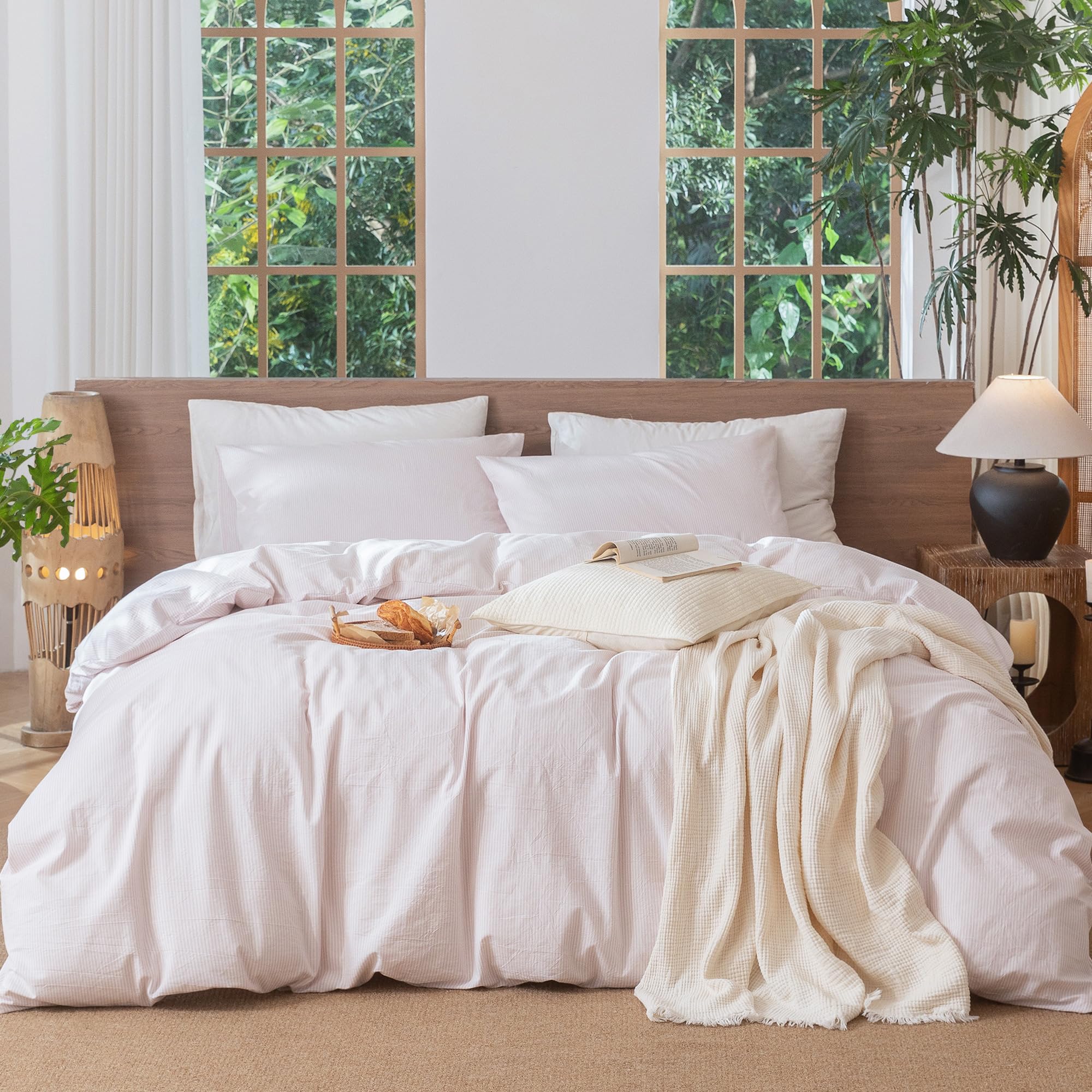 MooMee Striped Duvet Cover Set 100% Washed Cotton Linen Like Twin