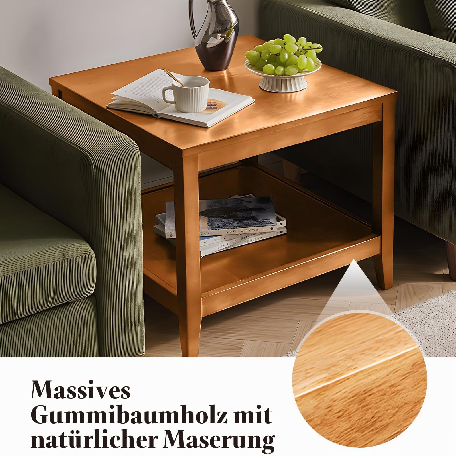 Beistelltisch aus Massivholz, Quadratischer Couchtisch mit Ablage, 2-Ebenen Kaffeetisch für Wohnzimmer, Nachttisch aus Gummibaumholz, 60 x 60 x 60 cm (Natur)