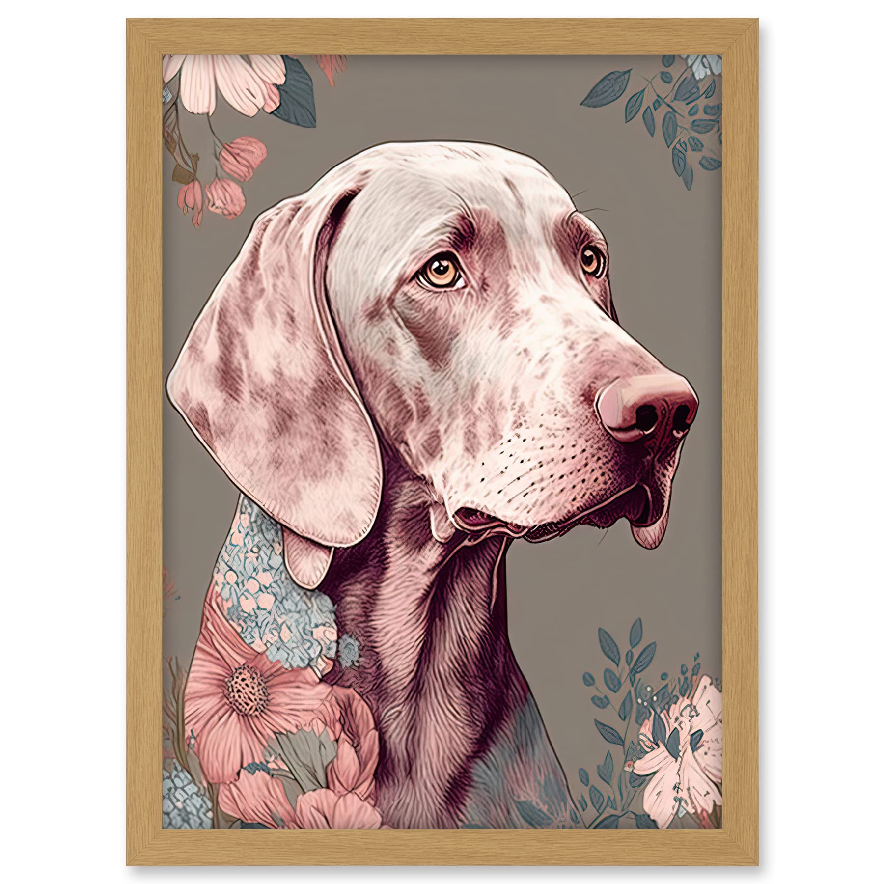 Artery8 Weimaraner Dog Portrait with Flower Patterns Modern Detailed Illustration Artwork Framed A3 Wall Art Print