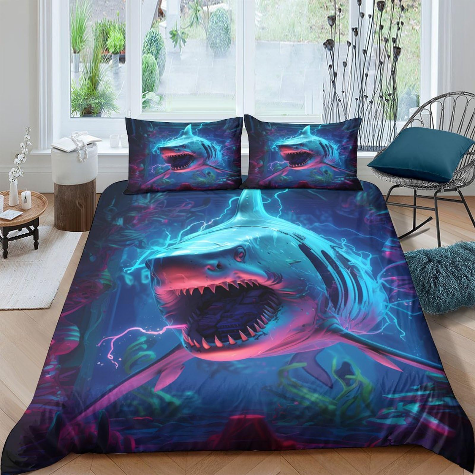Ctjqhvkz Style-7 3D Printed Neon Shark Fitted Sheet Microfiber Soft Breathable Ocean Wave Bed Cover For Bedroom Dorm Mattress Decor Single（135X200cm）
