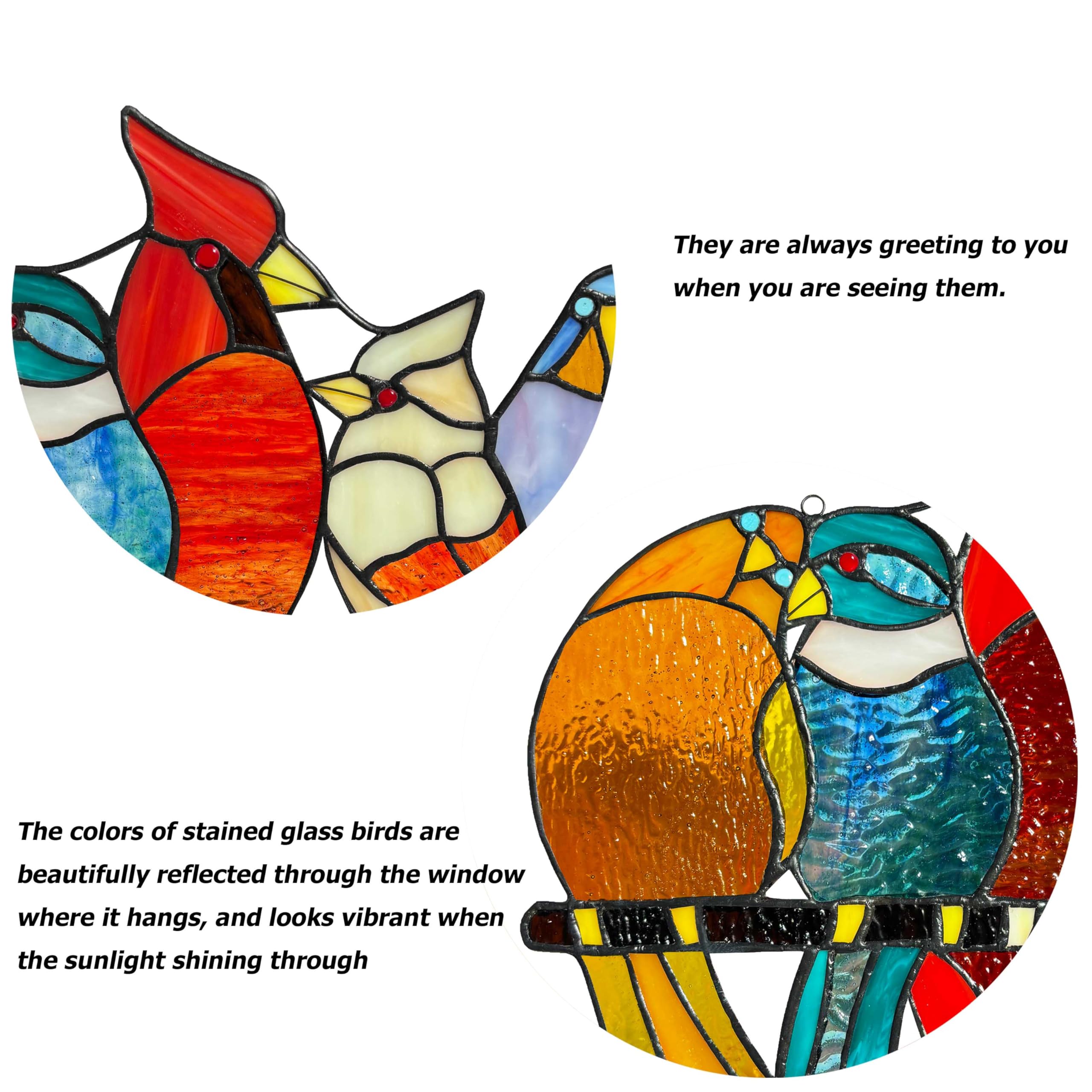 Buntglas-Vogel-Fensterbehang, 9 bunte Buntglas-Vögel auf Ast, Sonnenfänger, handgefertigt, Tiffany-Stil, Vogelliebhaber, Geschenk, Dekoration für Mutter, Frauen
