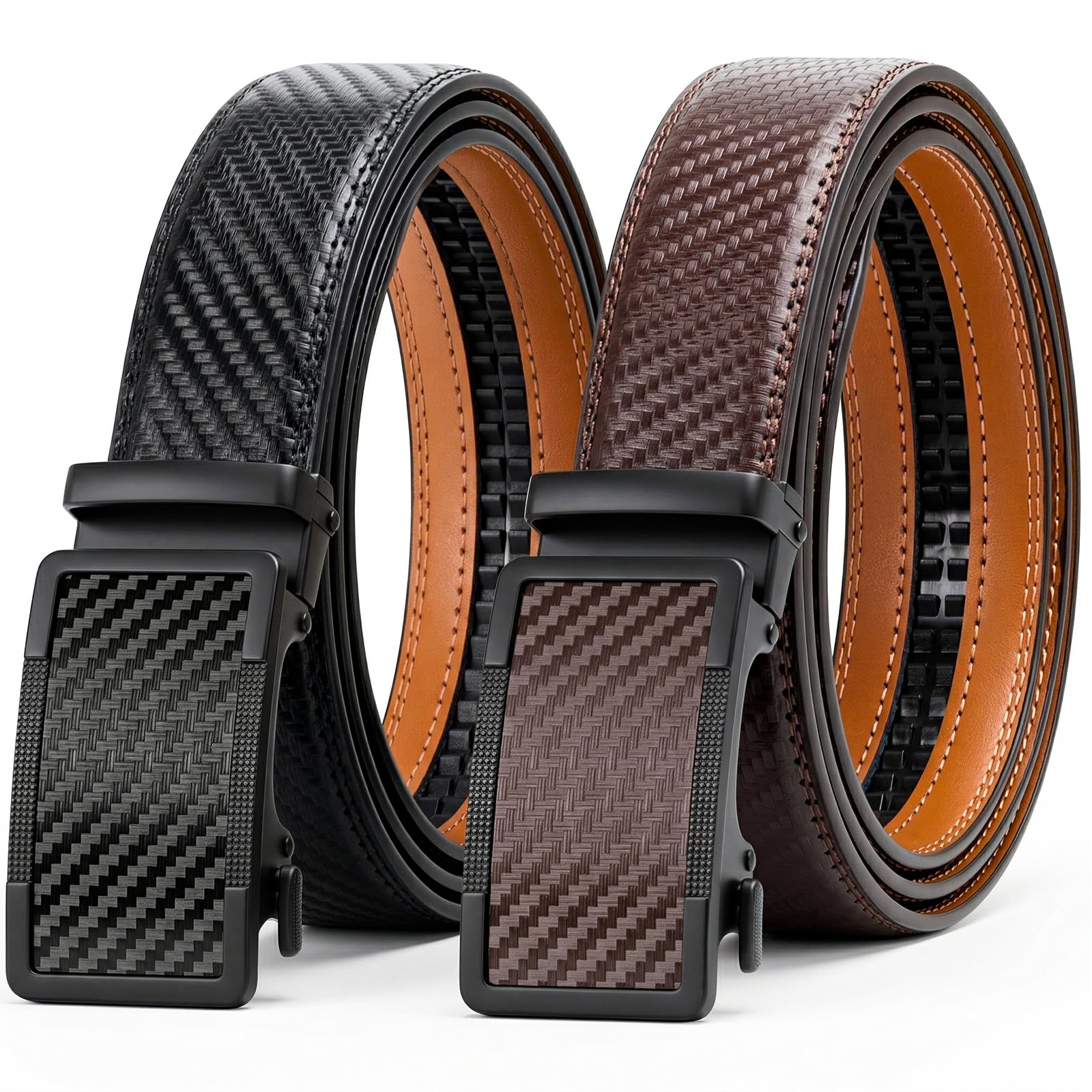 Men Leather Ratchet Belts 2 Pack, Gift Boxed 1 3/8'