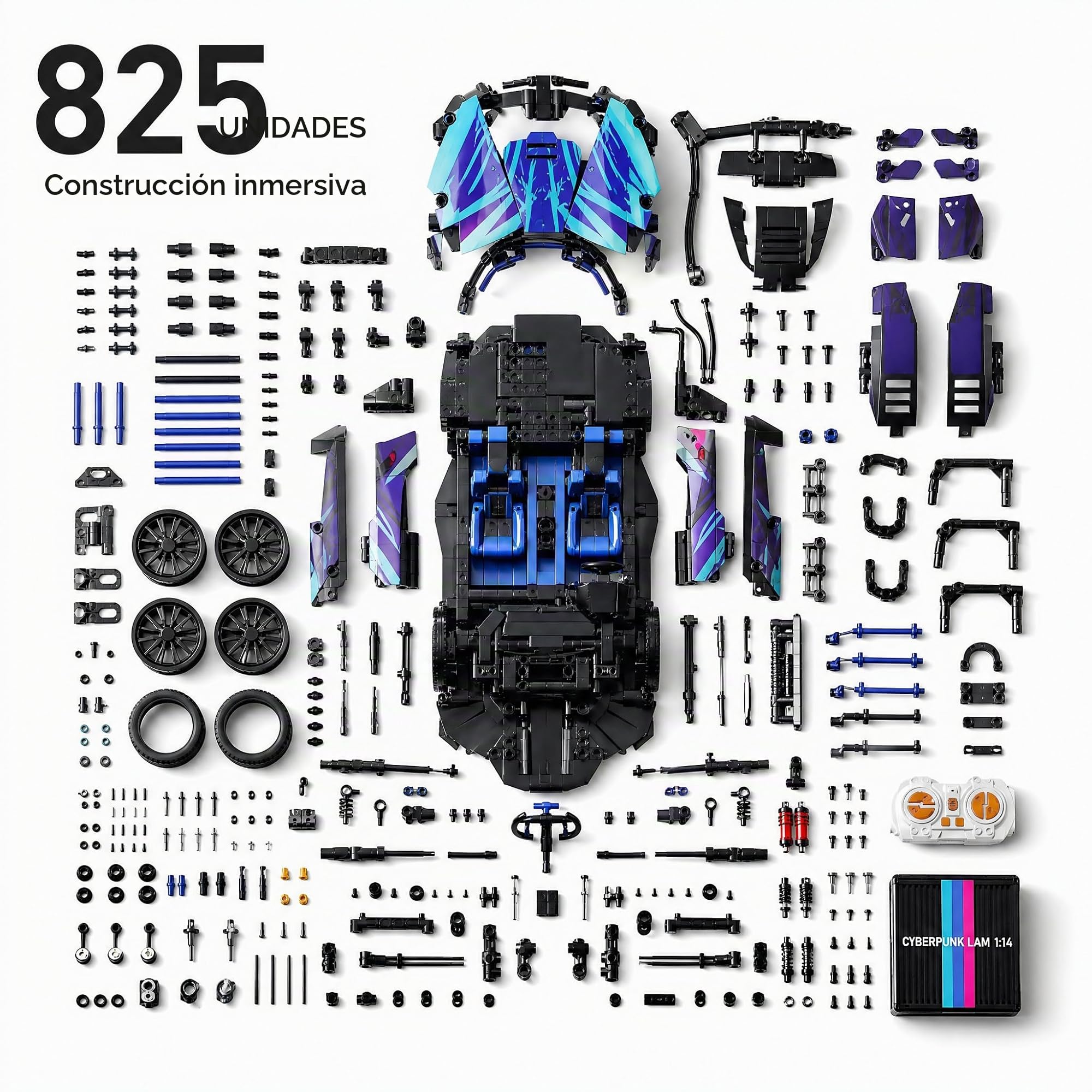 Coche RC, Coche teledirigido, 1:14 con LED Modelo Kit | coche RC: luces LED, juego por app y mando 2.4GHz; montaje en familia, conducción interior, exposición y regalos