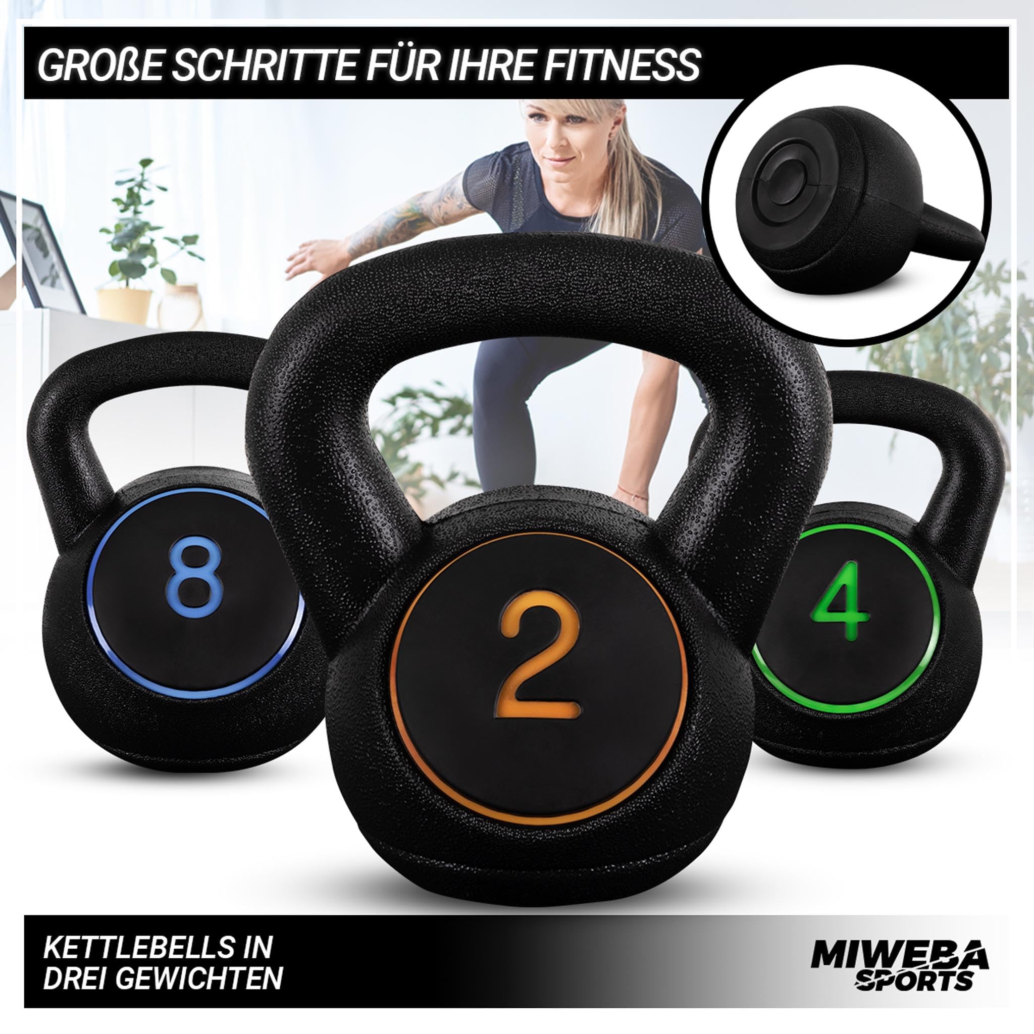 Miweba Sports Kettlebell | Hanteln Set - Gewichte 2 | 4 | 8 kg - Kettlebell Set - Hantel Set - Kettlebells - Fitness Zubehör inkl. Ablage - Krafttraining - Kugelhantel - Kugelgewicht - Schwunghanteln