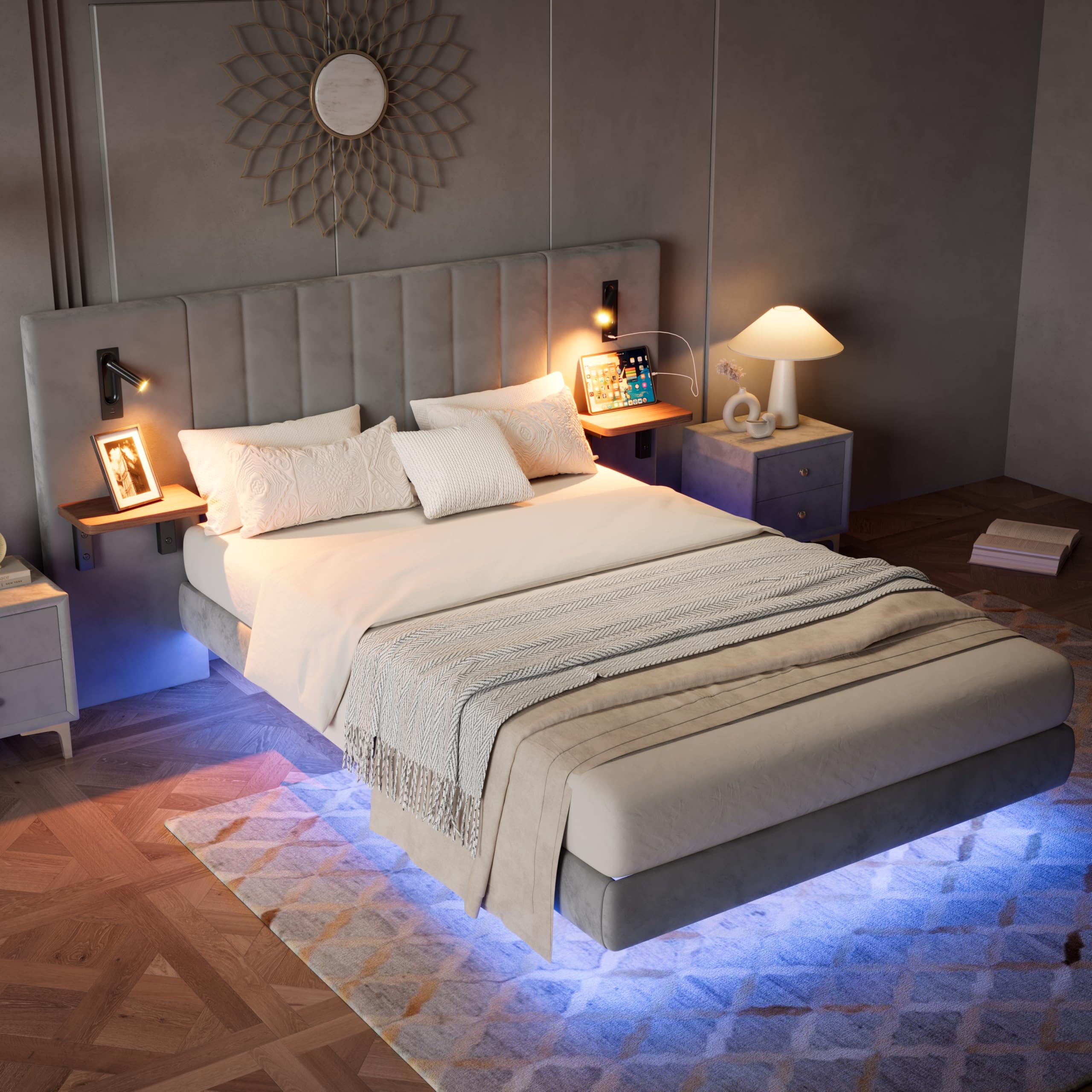Merax Double bed frame, 4ft6 Double Upholstered Bed, 2 bedside reading lights with charging socket, Soft headboard with Storage Flat Panel, light strip under the bed, Grey/Velvet, 135CM*190CM