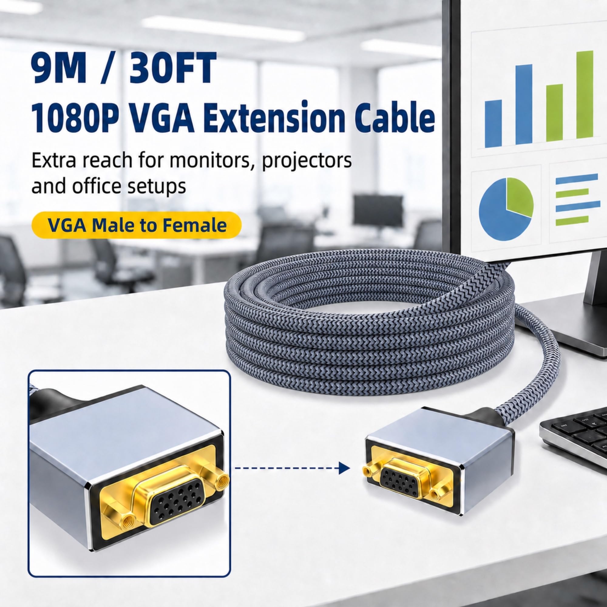 Câble d'extension VGA, câble VGA mâle vers femelle (30 pieds)