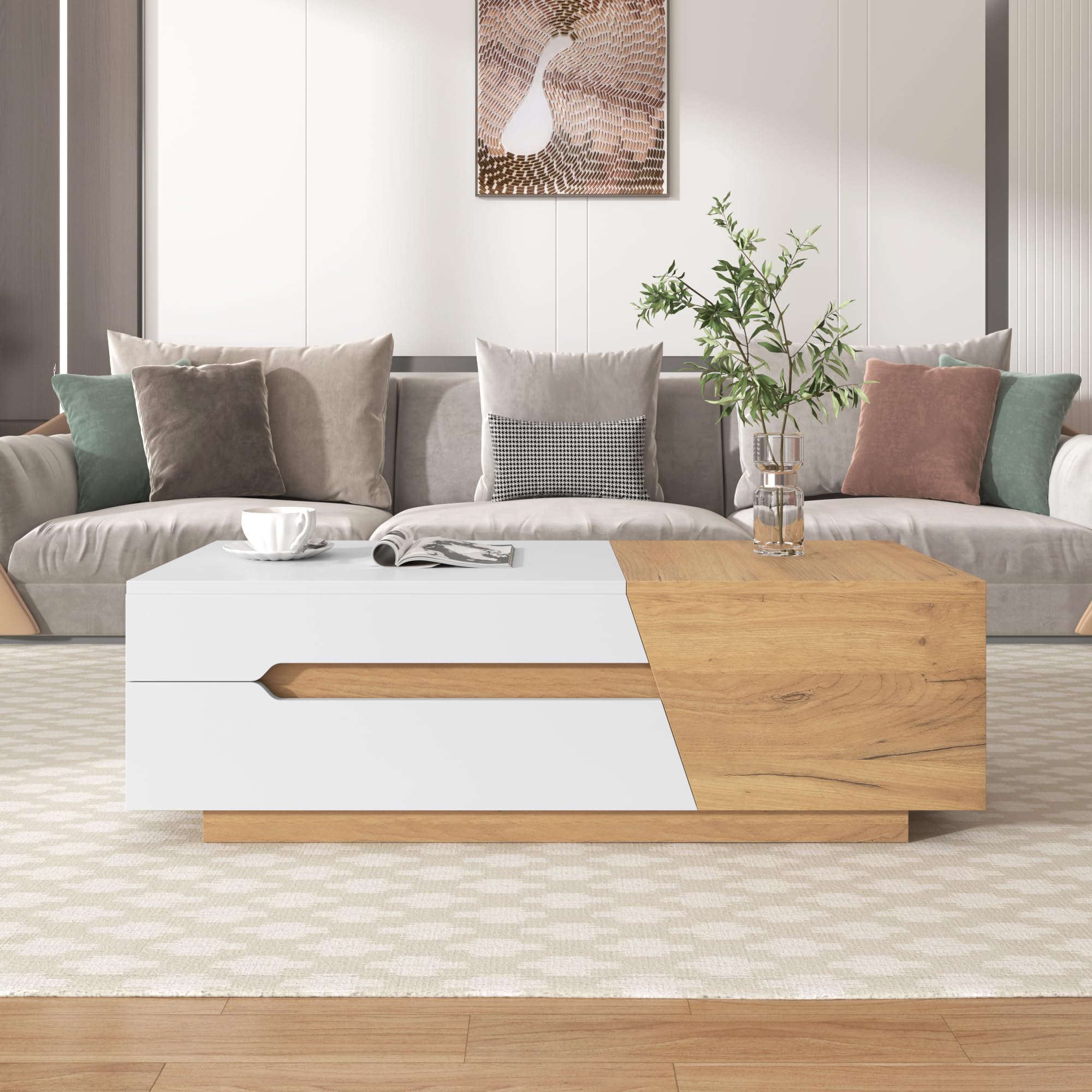 SUKY Mesa de centro extensible, mesa de salón con cajones, mesa auxiliar con estructura de bloques de color, 120 x 50 x 37,5 cm, color blanco y madera