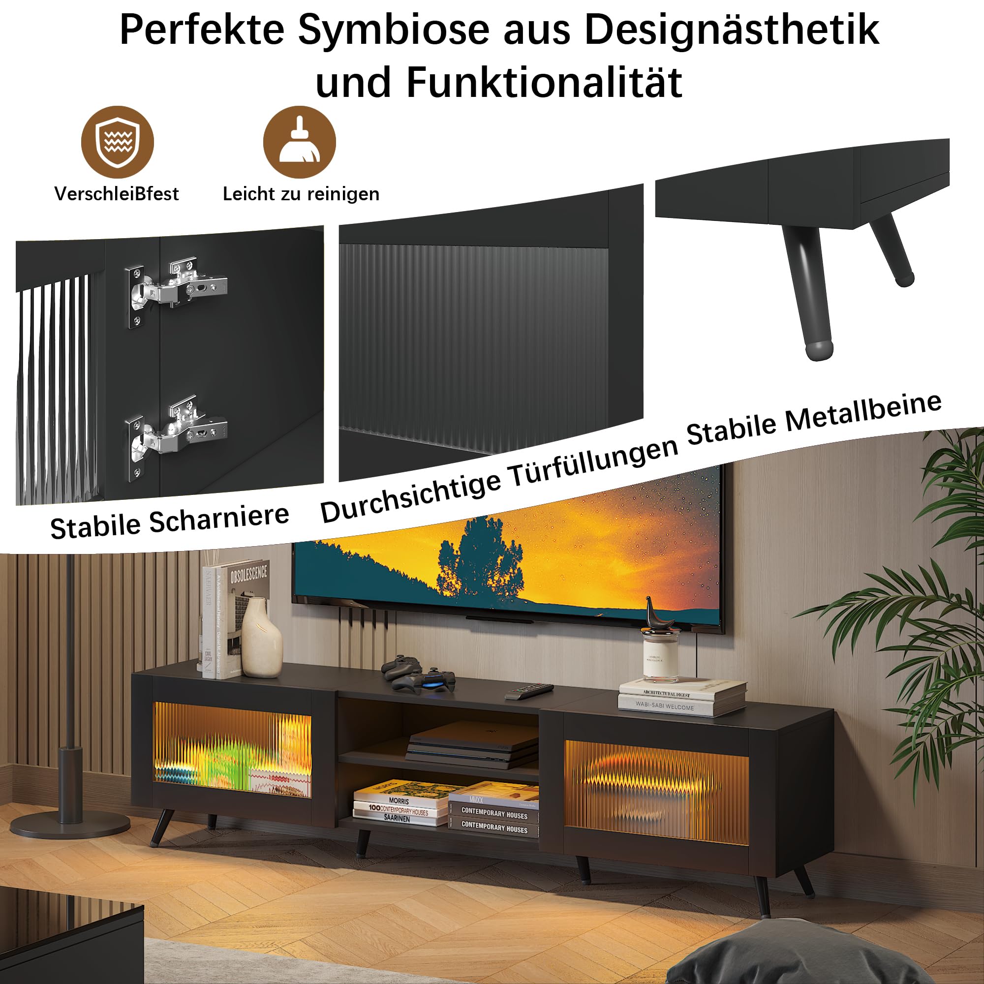 KEEPREAPER TV-Schrank, stehend Lowboard mit LED-Beleuchtung, Fernsehtisch mit 2 Acryltüren, für Fernseher bis zu 70 Zoll, für Wohnzimmer 160 x 29 x 40 cm (Schwarz)