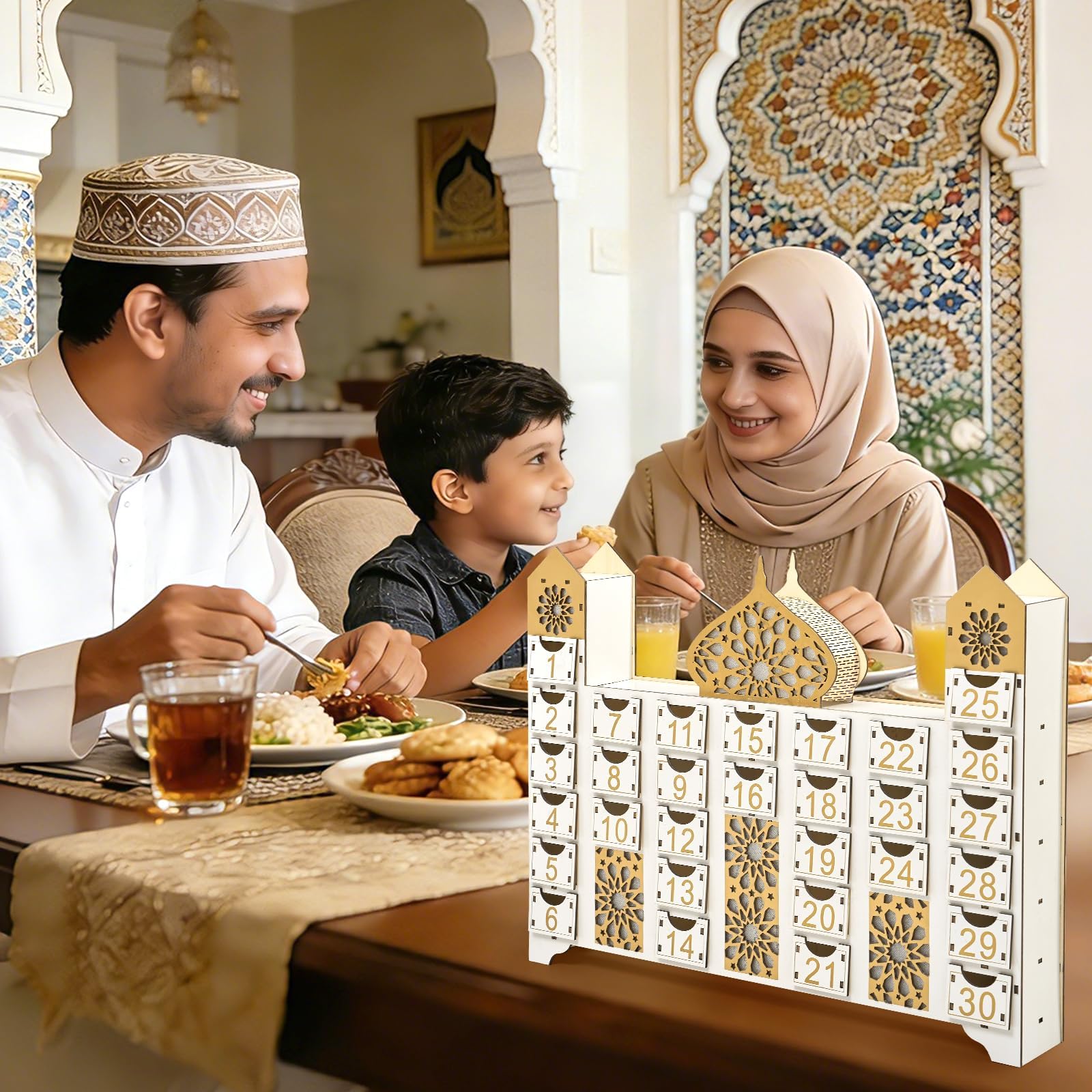 Ramadan-Countdown-Kalender, Eid Mubarak Adventskalender mit Schublade, Moscheeform, befüllbar, muslimische Ramadan-Dekoration für Zuhause, Urlaub, Tischdekoration, Geschenk, Partyzubehör