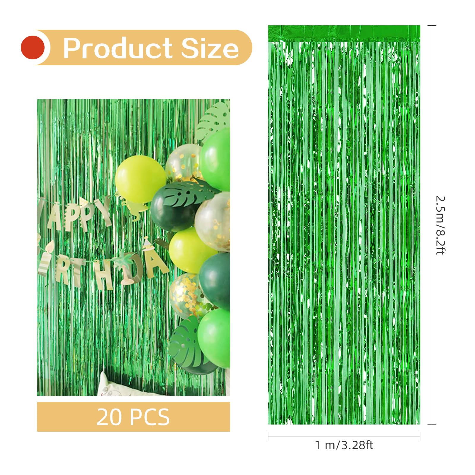 Lot de 20 rideaux à franges en feuille d'aluminium métallique pour décoration de fête d'anniversaire, de fête, de mariage, de Noël (vert) 1 x 2,5 m