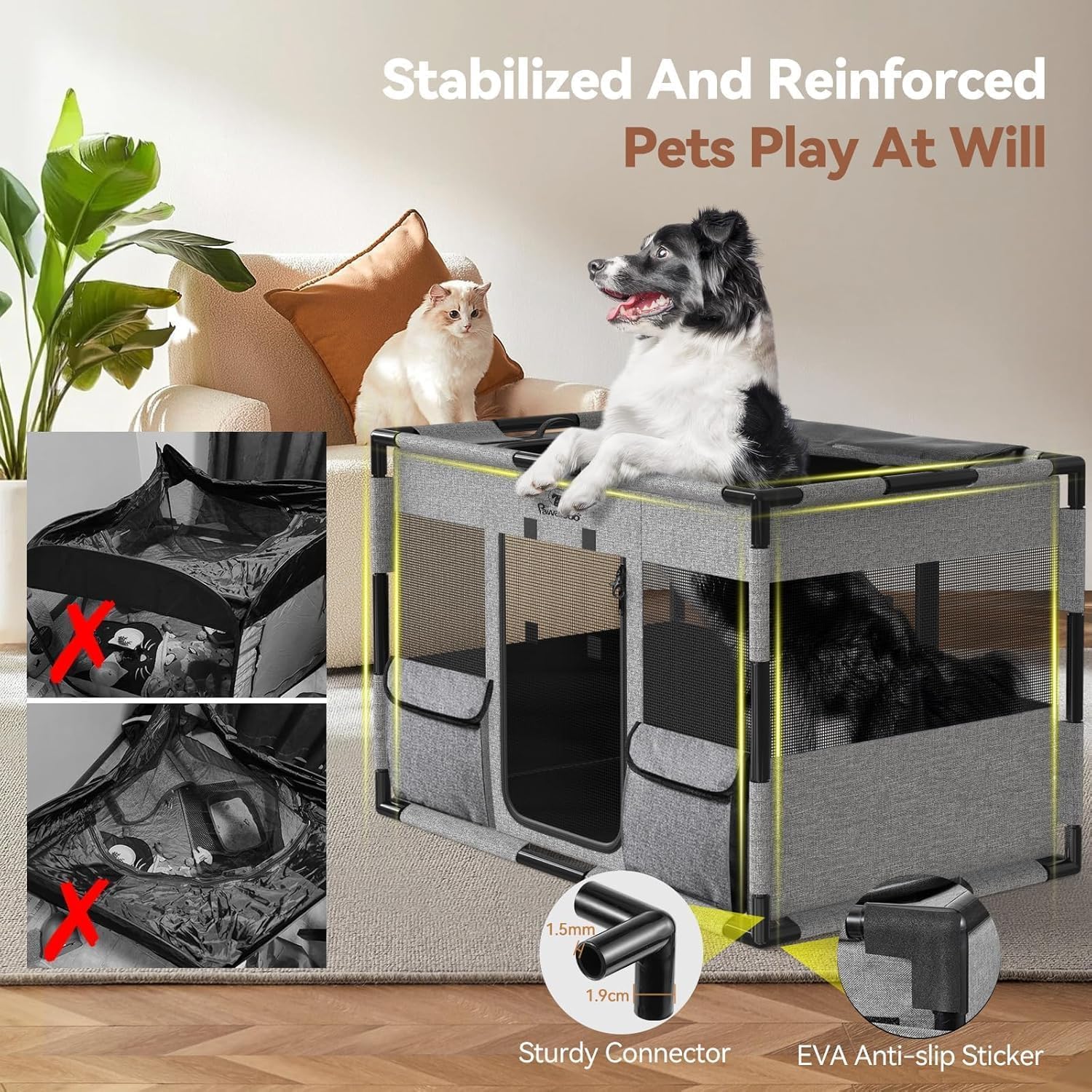 Pawaboo Box per Cani Cassa per Animali Domestici Extra Large, Cuccia per Cani in Rete, PVC Ispessito Telaio del Tubo Tenda, Recinto per Animali Domestici Traspirante, Medio, Nero & Grigio