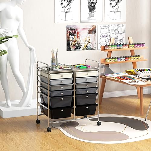 Vista 137 de LDAILY Carrito de almacenamiento con ruedas de 15 cajones, carrito rodante con cajones para aula, organizador de manualidades con ruedas con marco