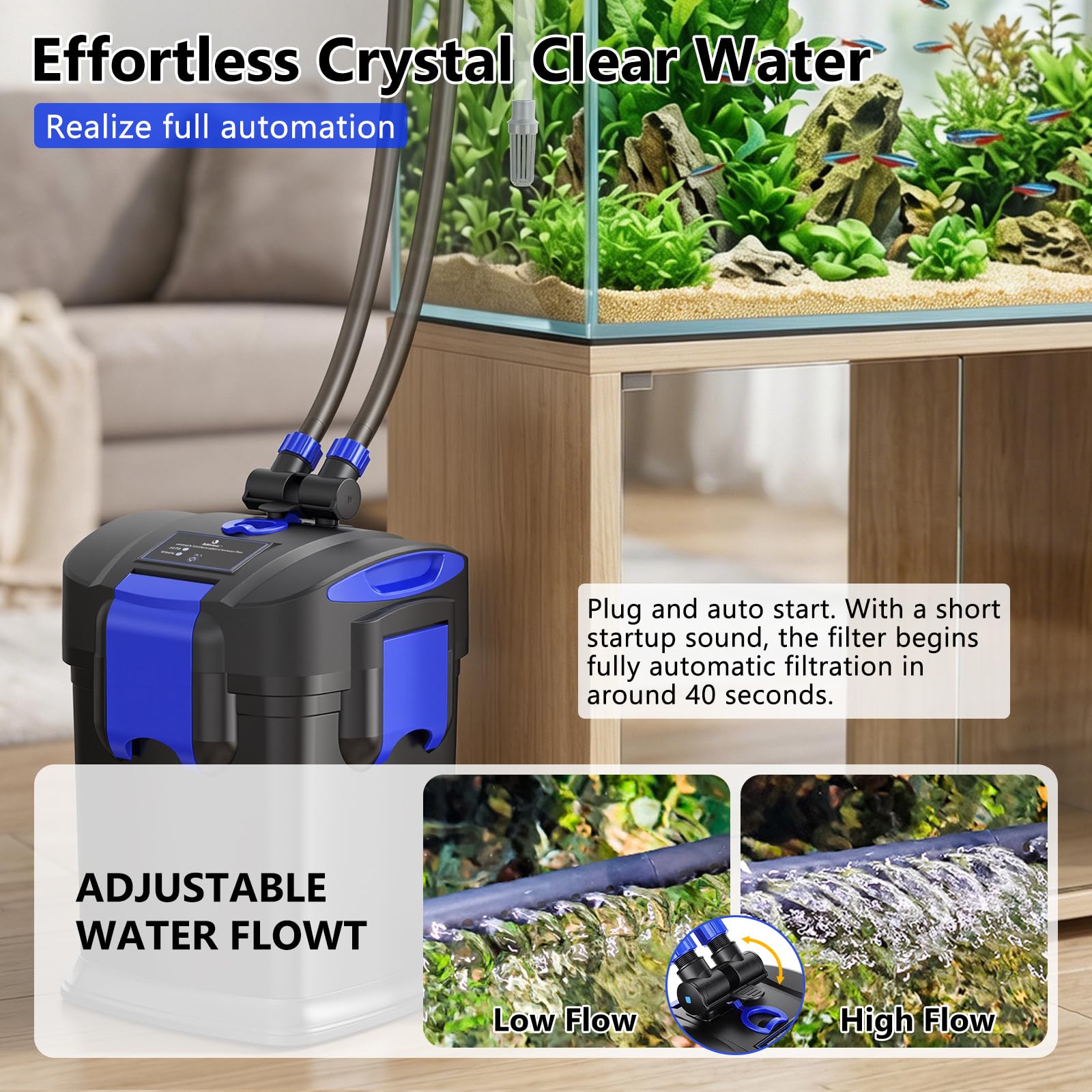 fishkeeper Filtres à bidon, filtre externe auto-amorçant, 475 GPH pour aquarium | Filtration en 3 étapes de 35 W et cartouche ultra silencieuse de 1800 l/h pour réservoirs d'eau douce et d'eau salée