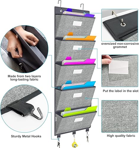 Miniatura 4 de homyfort Organizador de archivos de pared para colgar sobre la puerta, organizador de carpetas de archivos colgantes con 5 bolsillos grandes para