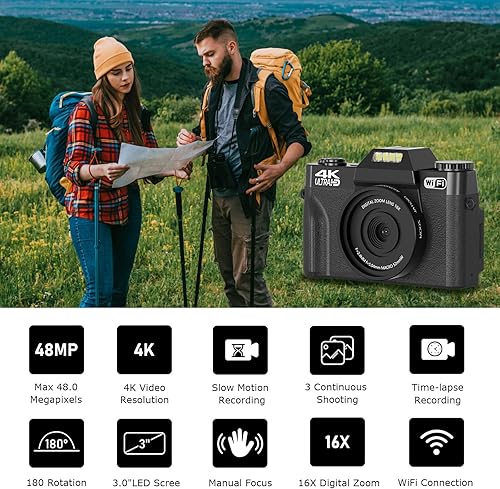 Miniatura 2 de VISREFUR Cámara de vlogging 4K para YouTube Cámara digital para fotografía 48MP 16X Zoom digital 3 pulgadas 180 pantalla abatible con WiFi 2.047 in