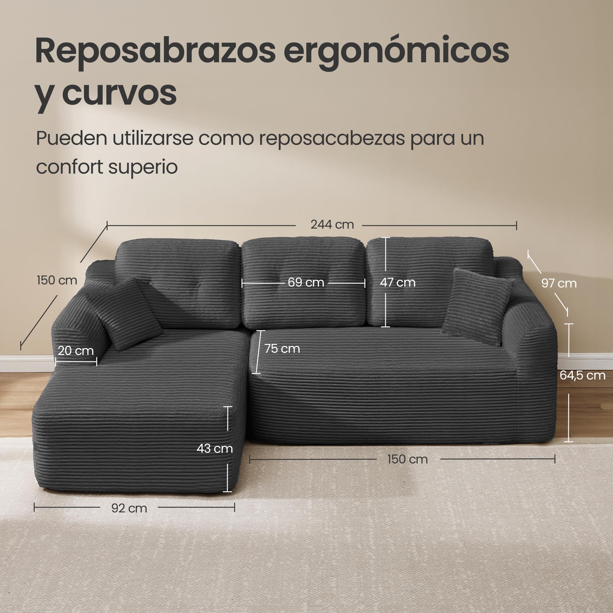 VASAGLE Sofá Esquinero, Sofá Modular de 244 cm, Entrega Compacta, Sin Montaje, con Gran Chaise Longue a la Izquierda, para Salón o Habitación de Invitados, Gris Pizarra LCS183GN01