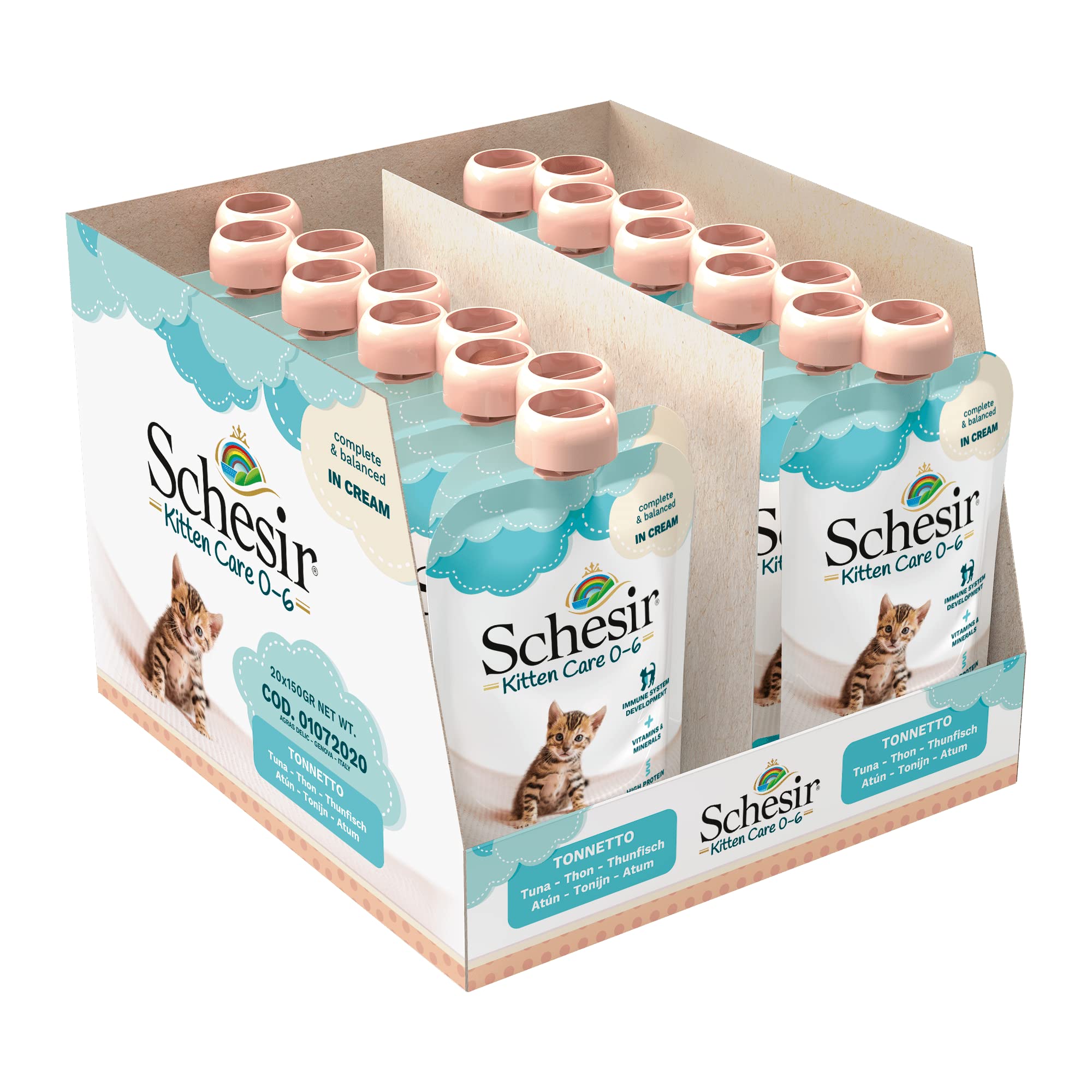 Schesir - Cibo umido per gatti cuccioli al gusto Tonnetto in crema - per gattini dai 0 ai 6 mesi - 20 buste con tappo da 150g (3kg totale)