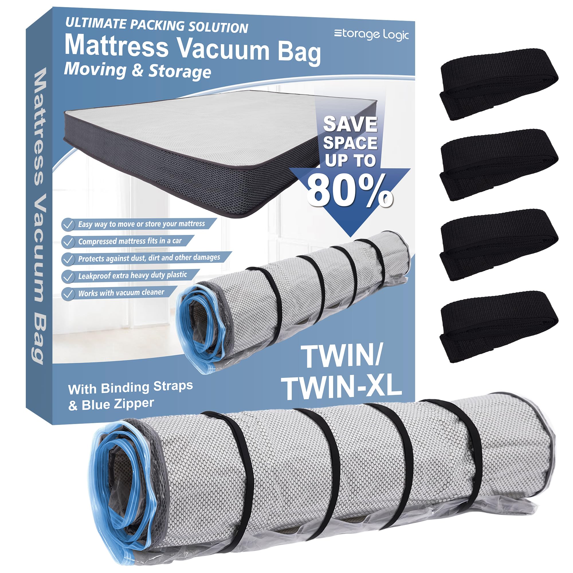 Storage Logic Twin/Twin-XL Foam Mattress Vacuum Bag with Blue Zipper, Vacuum Seal Mattress Bag, Straps Included