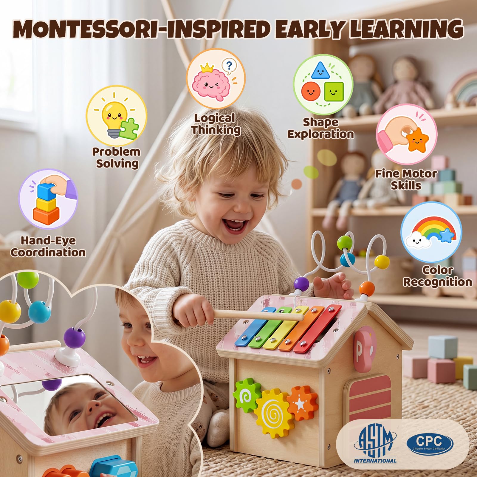 Cubo Multiattivita in Legno Bambini 1+ Anno con Press to Go Car Montessori | Interattivo Giochi Abilità Motorie Regalo Bimbo per Ragazzi e Ragazze Giocattoli di Apprendimento Educativi 2 3 4 Anno
