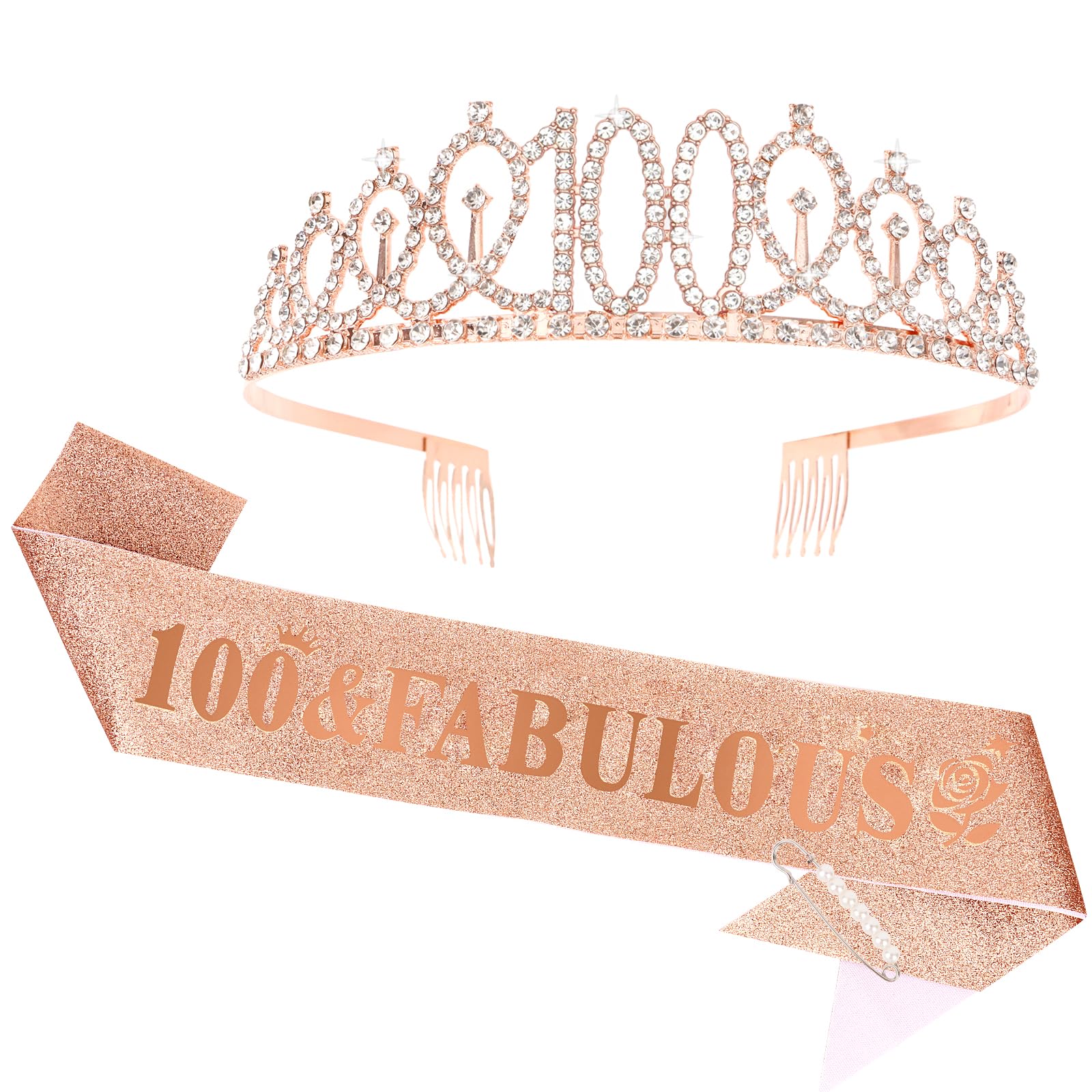 Casoty Rose Gold 100th Birthday Sash and Tiara, 100th Birthday Decorations for Women, 100 & Fabulous Sash and Crown Set, Party Supplies for Women