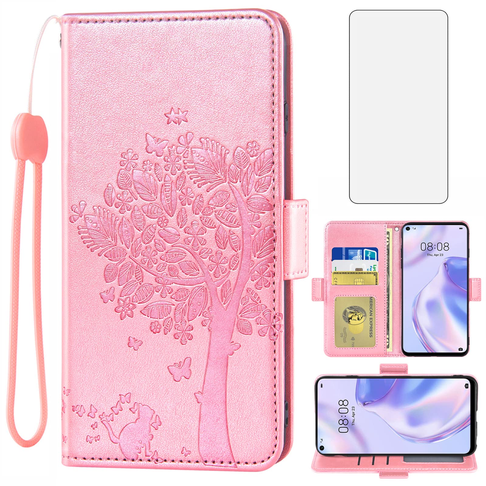 Asuwish Compatible with Huawei P40 Lite 5G Wallet Case and Tempered Glass Screen Protector Flip Wrist Strap Card Holder Cell Phone Cover for Hawaii Nova 7 SE 5G P40Lite P 40 40Lite G5 Women Rose Gold