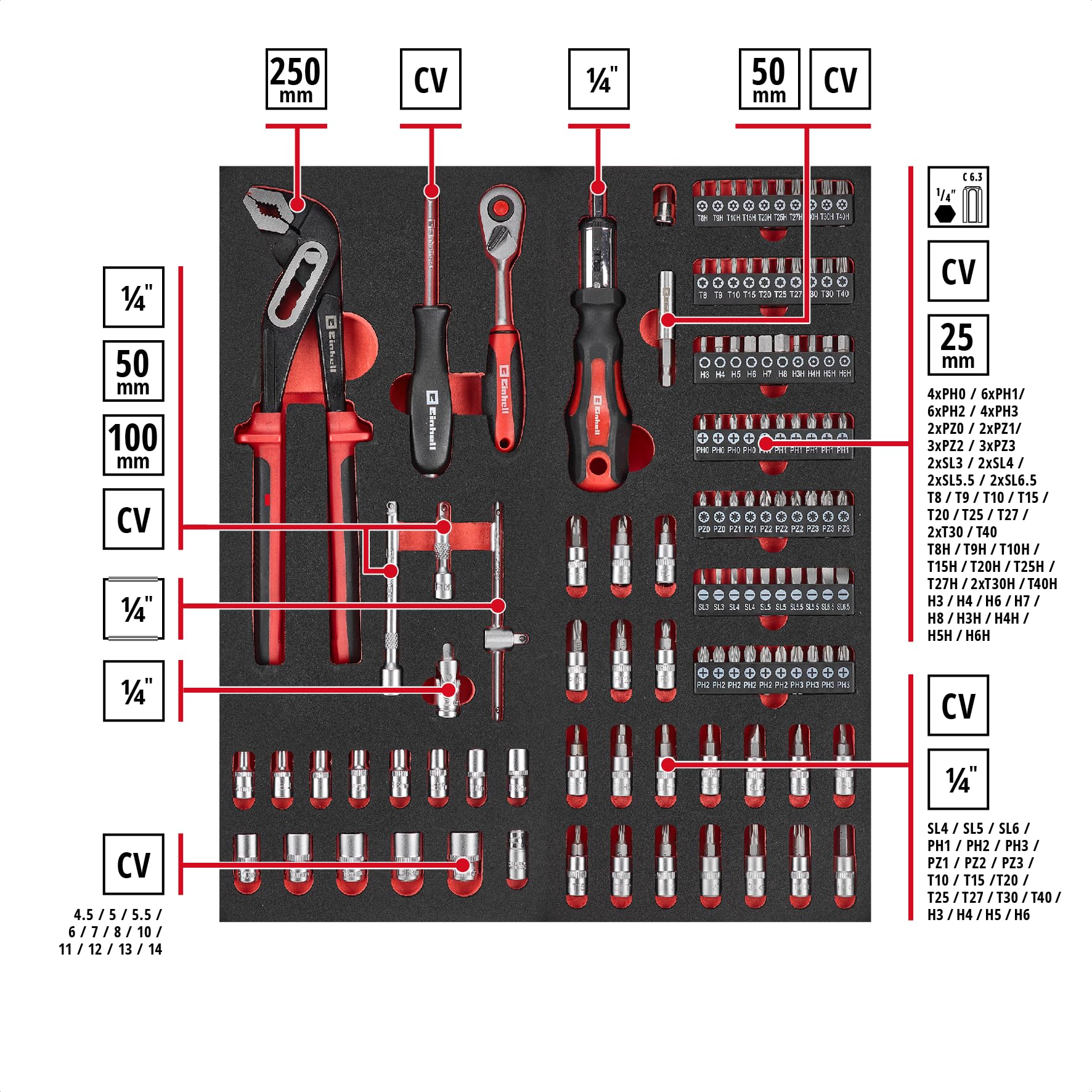 Einhell 149 pezzi carrello portautensili da officina | Inserti da 25 mm | chiavi combinate | set di bussole | cricchetto | pinze | martello da meccanico | livella | metro a nastro