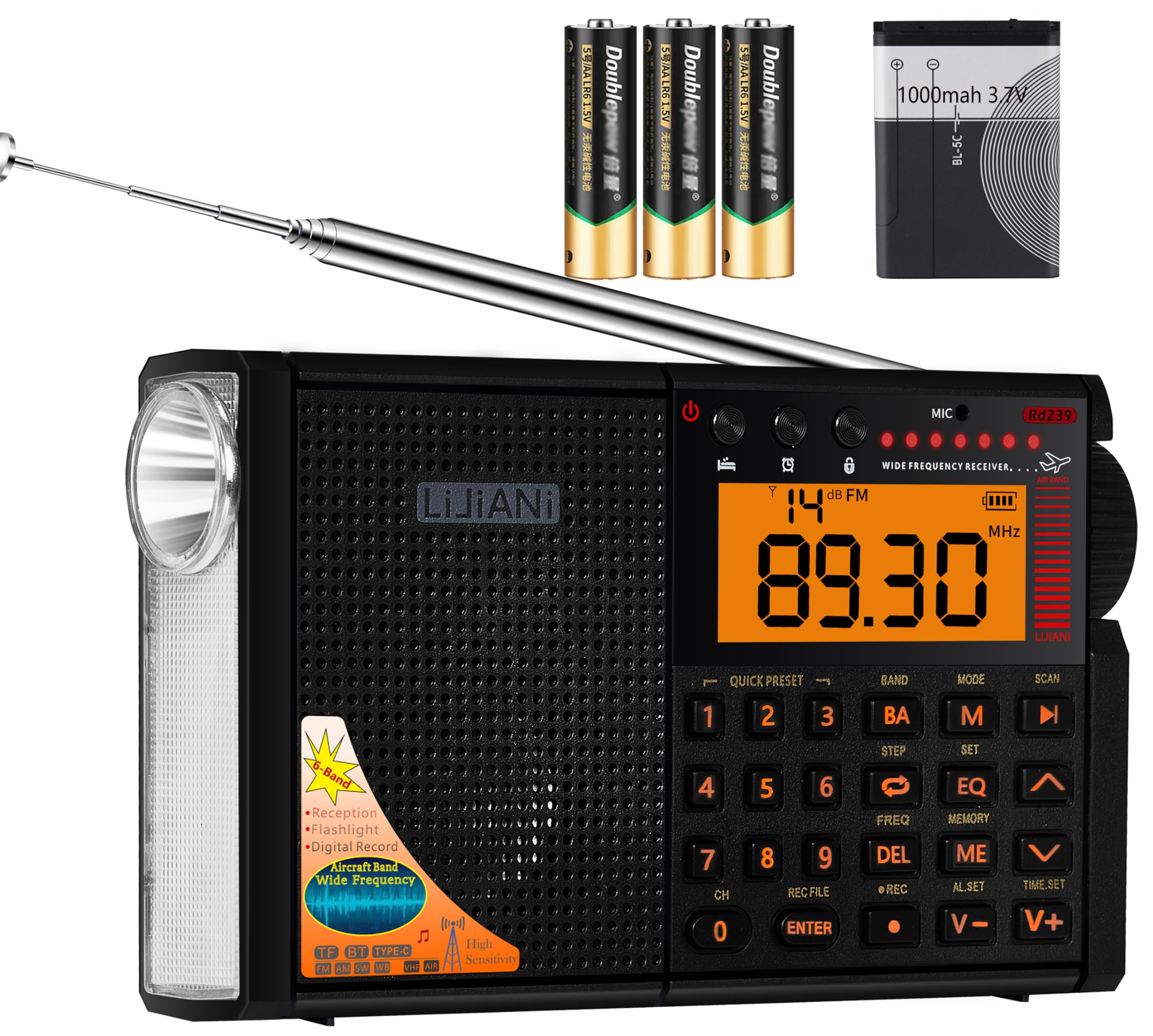 Shortwave Radio AIR/VHF/AM/FM/Weather 6-Bands with Bluetooth/TF Card,4W Flashlight,Reading Lamp,Keyboard Backlight, Digital Recording, Alarm Clock,Powered by AA & LI Battery,Type-C/ANT Jack-image-6