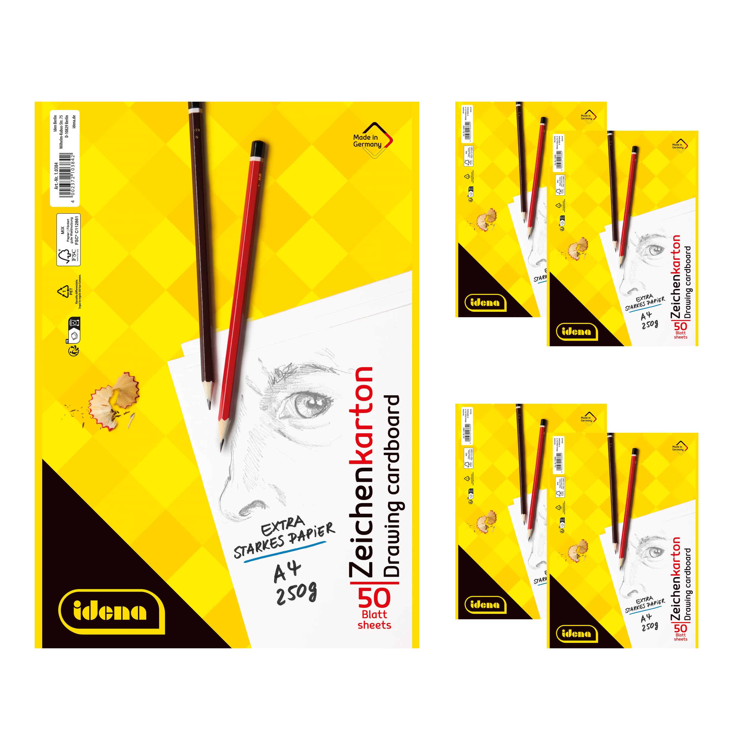 Idena 90436 - Blocco da disegno A4, 5 pezzi, blocco da disegno con 50 fogli incollati, cartoncino da disegno 250 g/m², carta FSC Mix