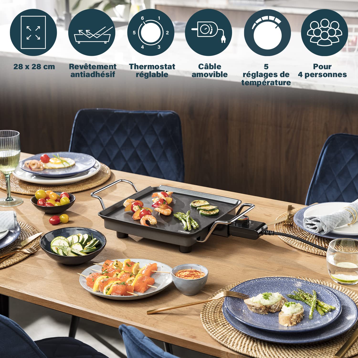 Plancha Princess Chef Mini Classic noire - fonte d'aluminium - 4 personnes - 28 x 28 cm - 1 900 W