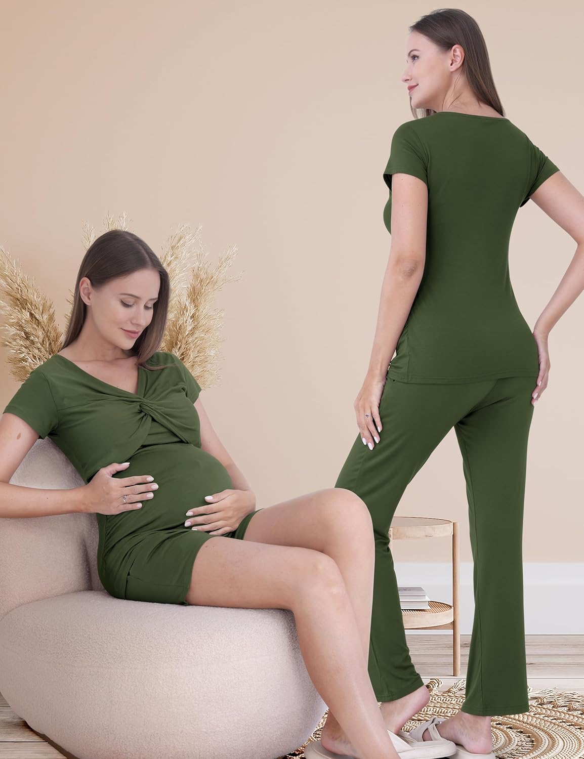 Maternity Nursing Pajamas Set 3PCS, Breastfeeding Tops, Adjustable Shorts & Pants, Postpartum Hospital Bag Essentials - Image 3