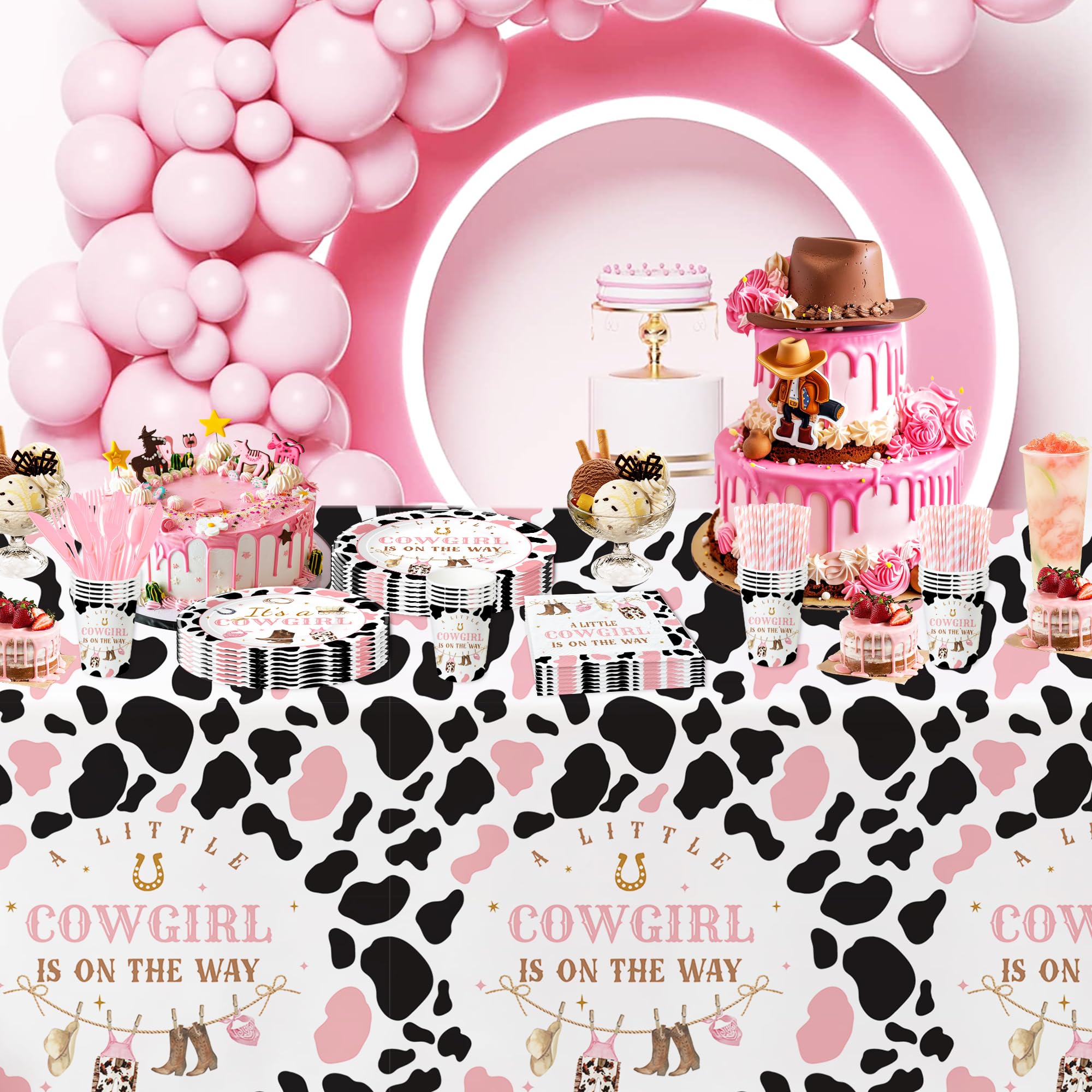 OBUSATT Western Cowgirl Birthday Tablecloth Set - 3-Piece Pink & Brown Animal Print, 108 X 54 Inches