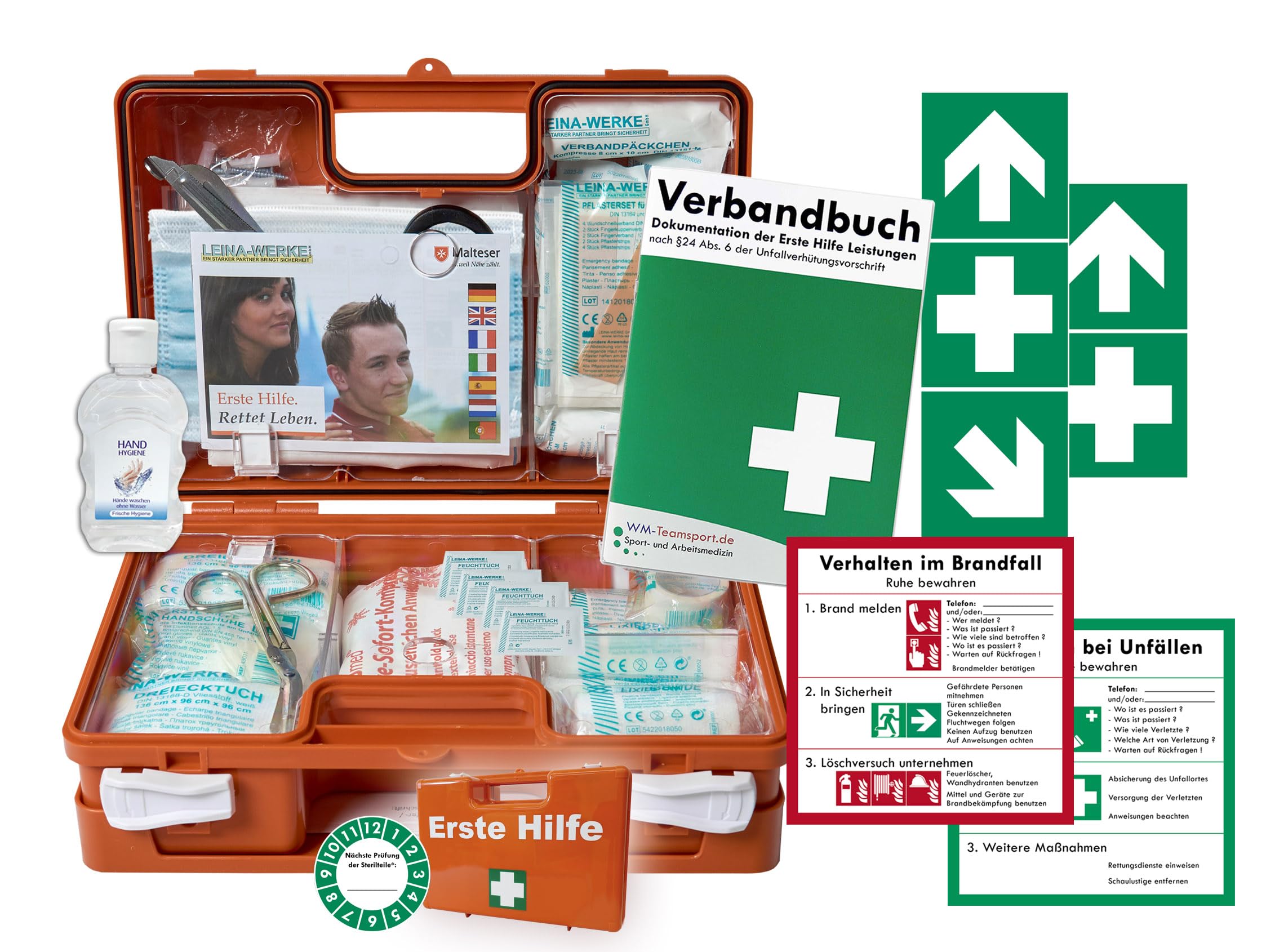 Verbandskoffer/Verbandskasten (K) Typ C -Paket 1- Erste Hilfe nach aktueller DIN 13157 für Betriebe -DSGVO- INKL. PERFORIERTEM VERBANDBUCH + Hygiene-Gel & Folienaufkleber