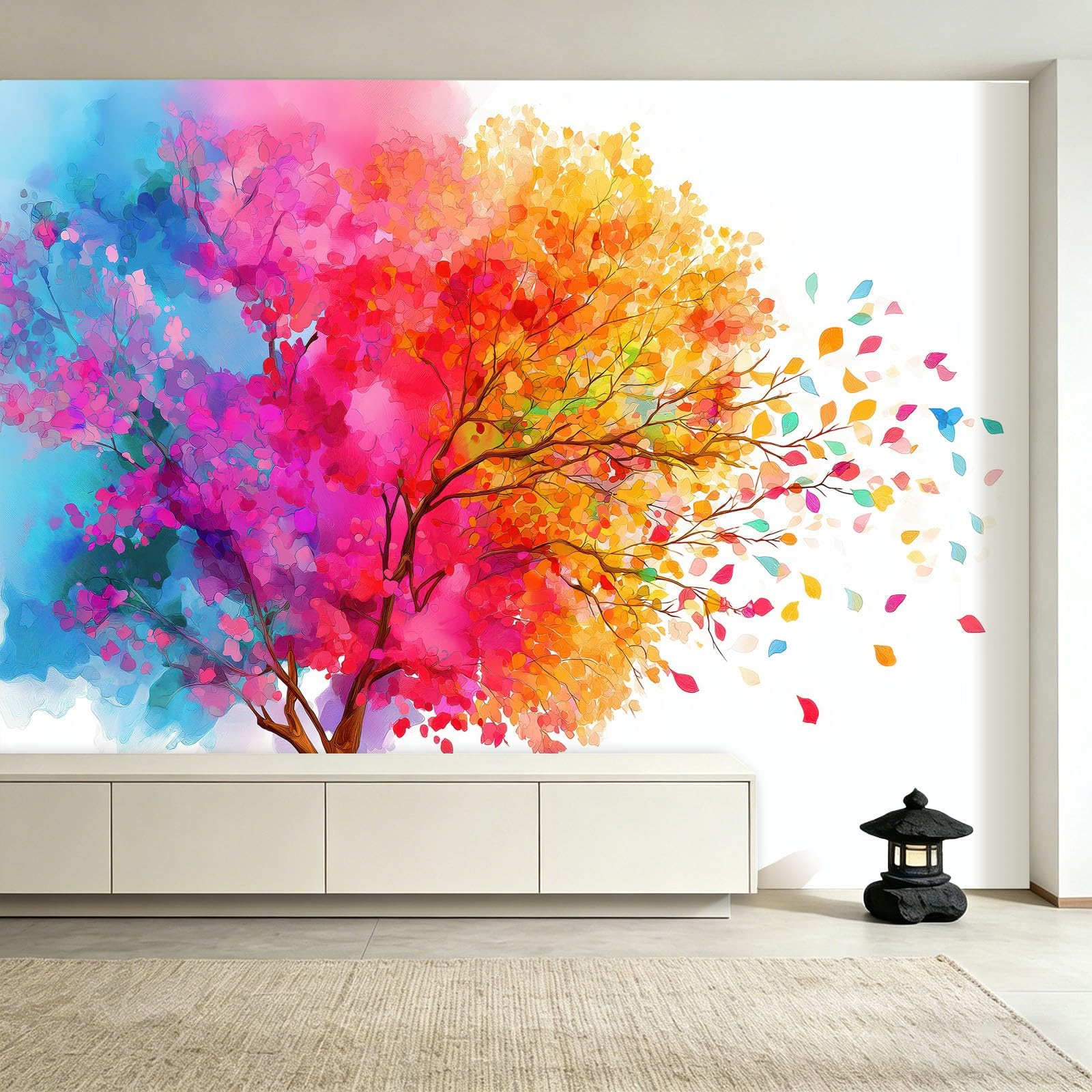 Papel pintado fotográfico abstracto de árboles y hojas, efecto 3D, XXL, 250 x 175 cm, papel pintado no tejido blanco, papel pintado fotográfico para pared para salón, pasillo o oficina