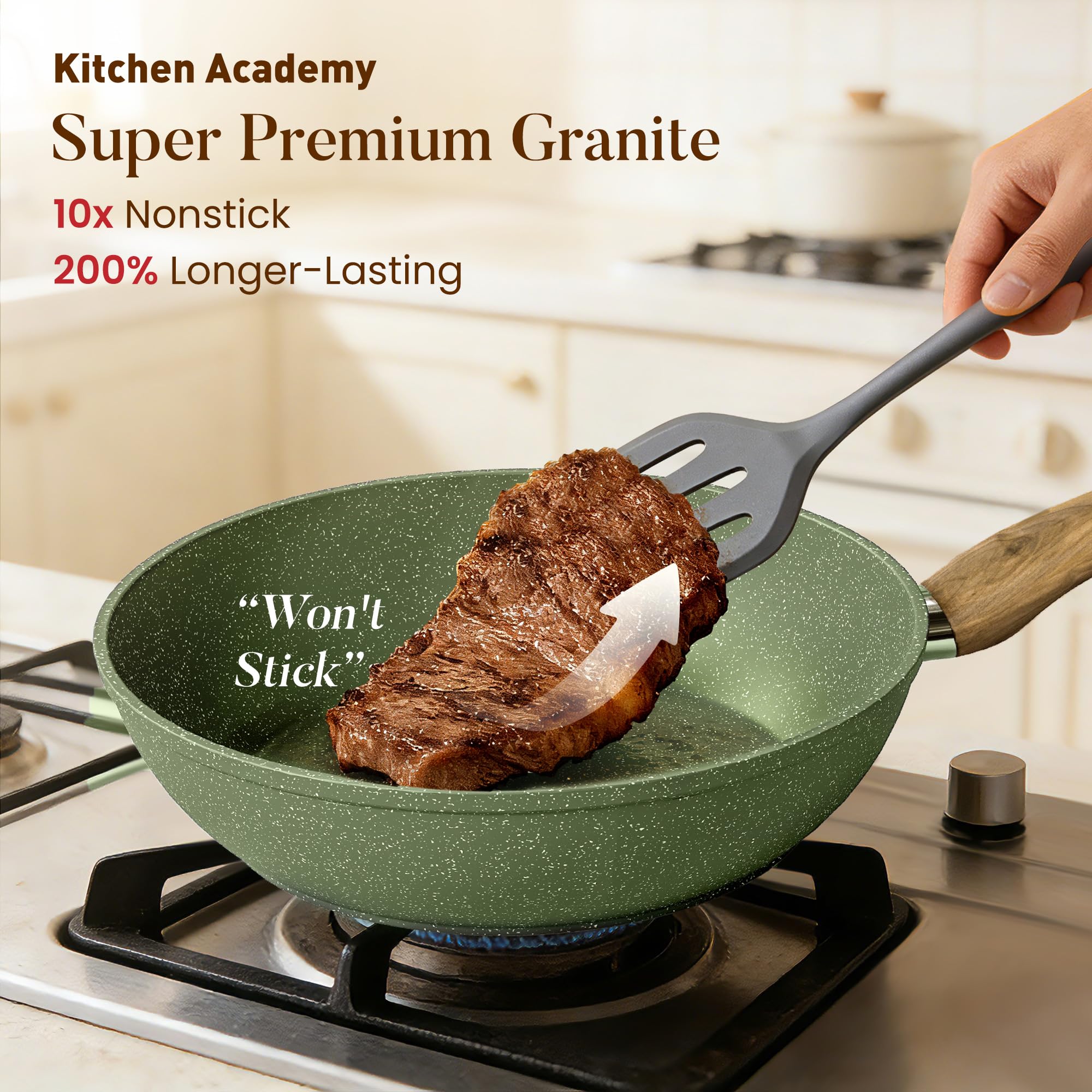 Kitchen Academy Lot Casserole et Poêle Induction 12 Pcs Batterie Cuisine | Antiadhésive en Granite Batterie de Cuisine Tout Feux, 100% Sain et Sans PFOA ni PFOS, Facile à Nettoyer