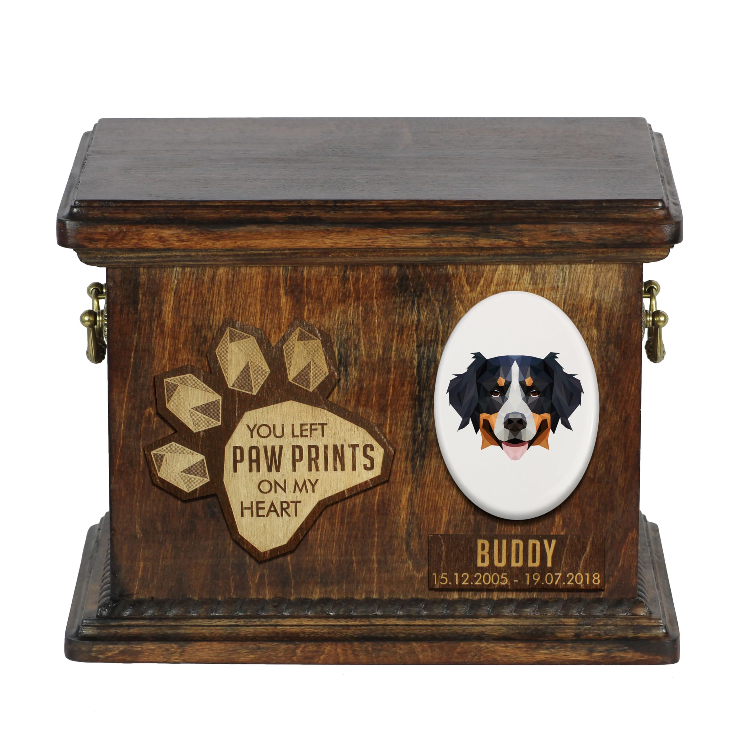 Art-Dog Custom Geometric Dog Memorial Urn - Handmade Wooden Urn – Decorative Ceramic Plate - Custom-made Dog Cremation Box for Ashes - 8,3x11,4x8,7” – Bernese Mountain Dog — image 1